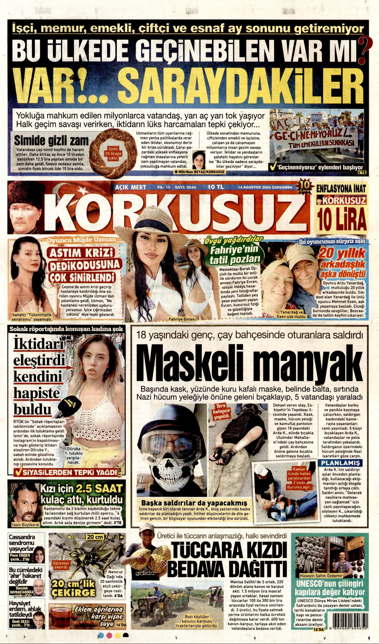 KORKUSUZ gazetesinin 14 Ağustos 2024 tarihli birinci sayfası