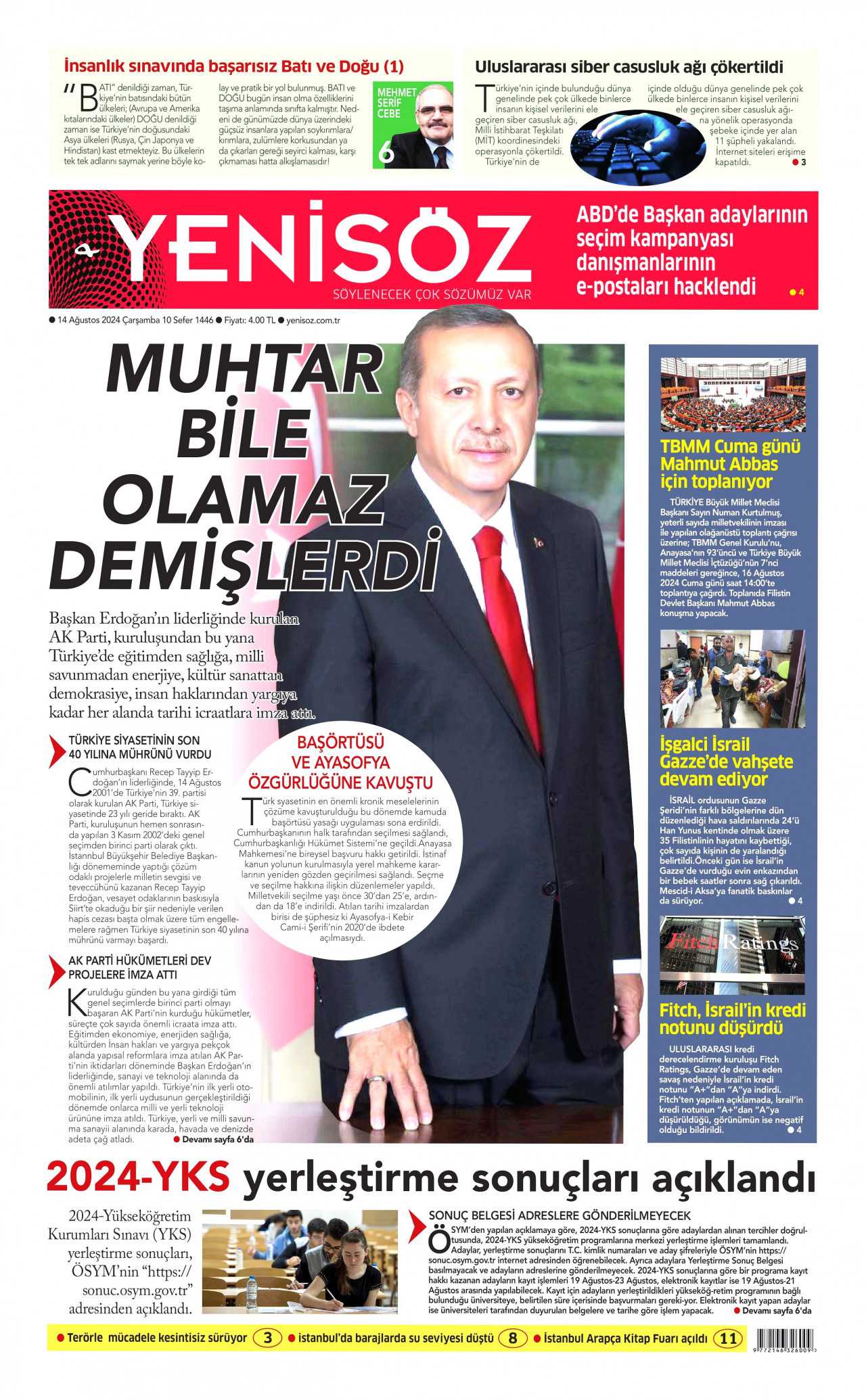 YENİ SÖZ GAZETESİ gazetesinin 14 Ağustos 2024 tarihli birinci sayfası