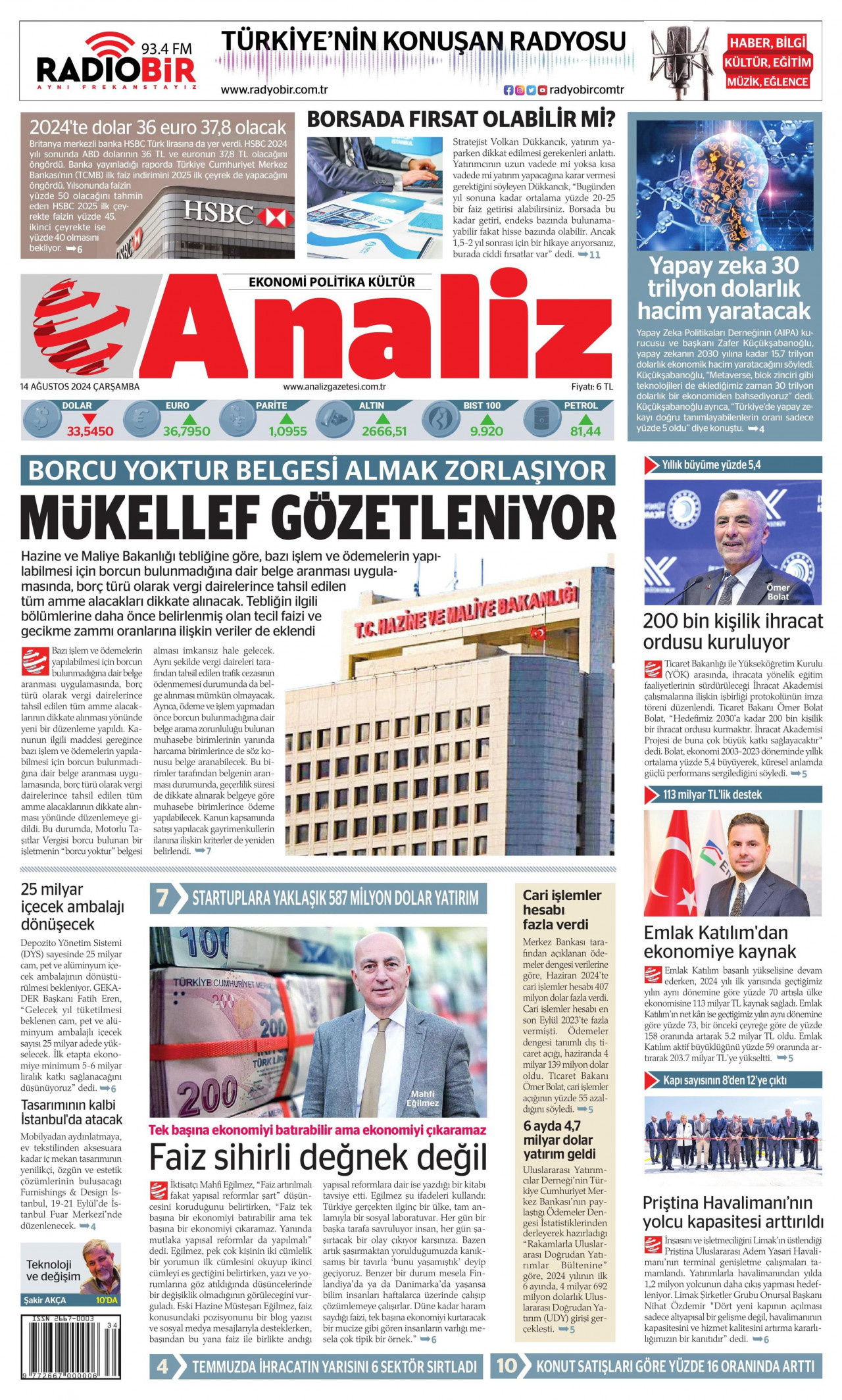ANALİZ gazetesinin 14 Ağustos 2024 tarihli birinci sayfası