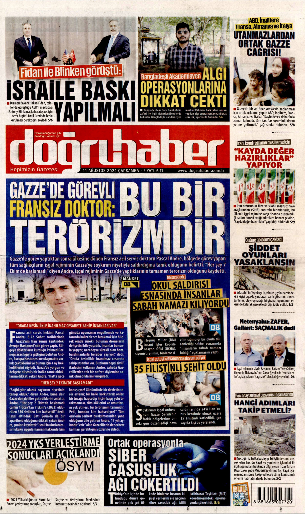 DOĞRU HABER gazetesinin 14 Ağustos 2024 tarihli birinci sayfası