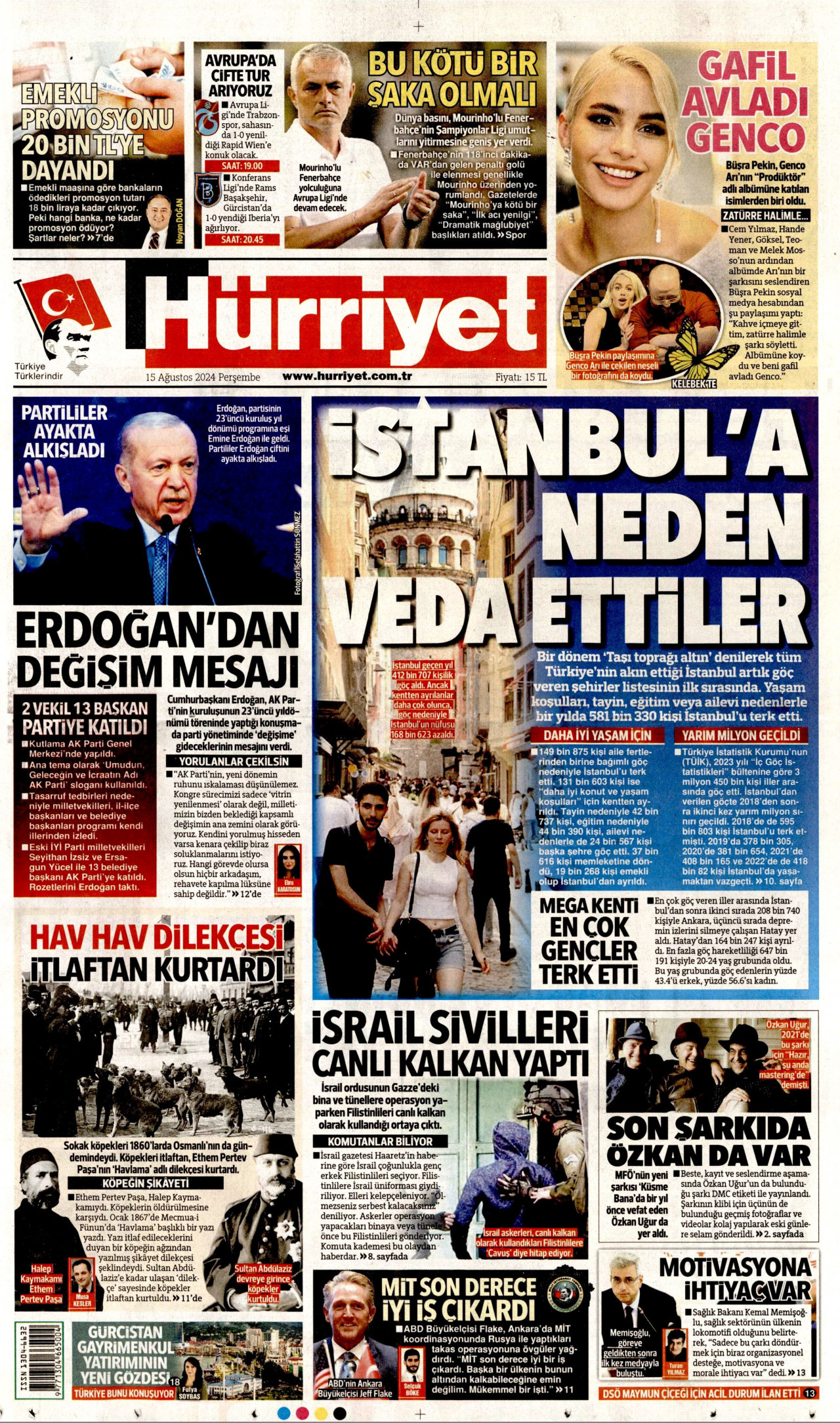HÜRRİYET gazetesinin 15 Ağustos 2024 tarihli birinci sayfası