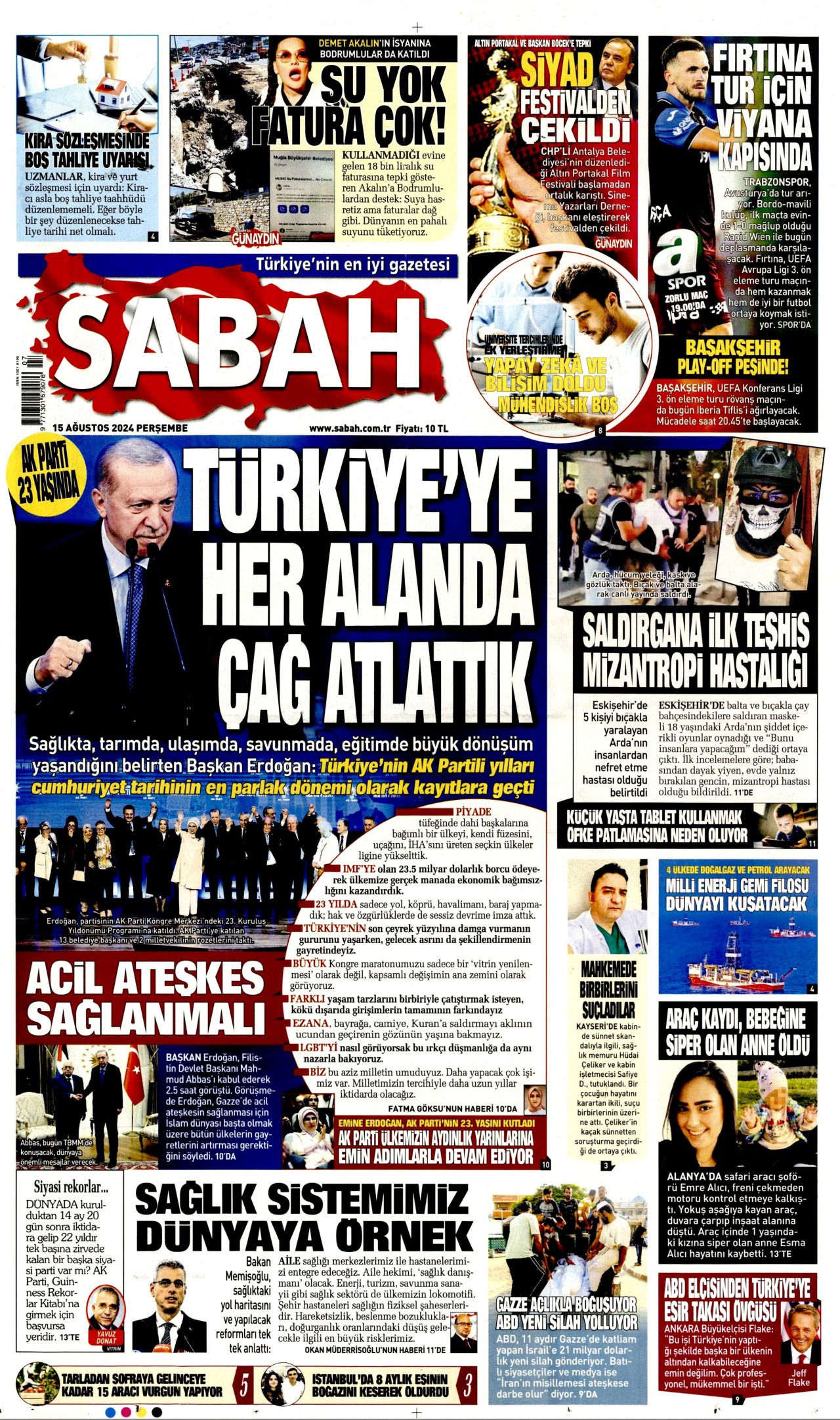 SABAH gazetesinin 15 Ağustos 2024 tarihli birinci sayfası