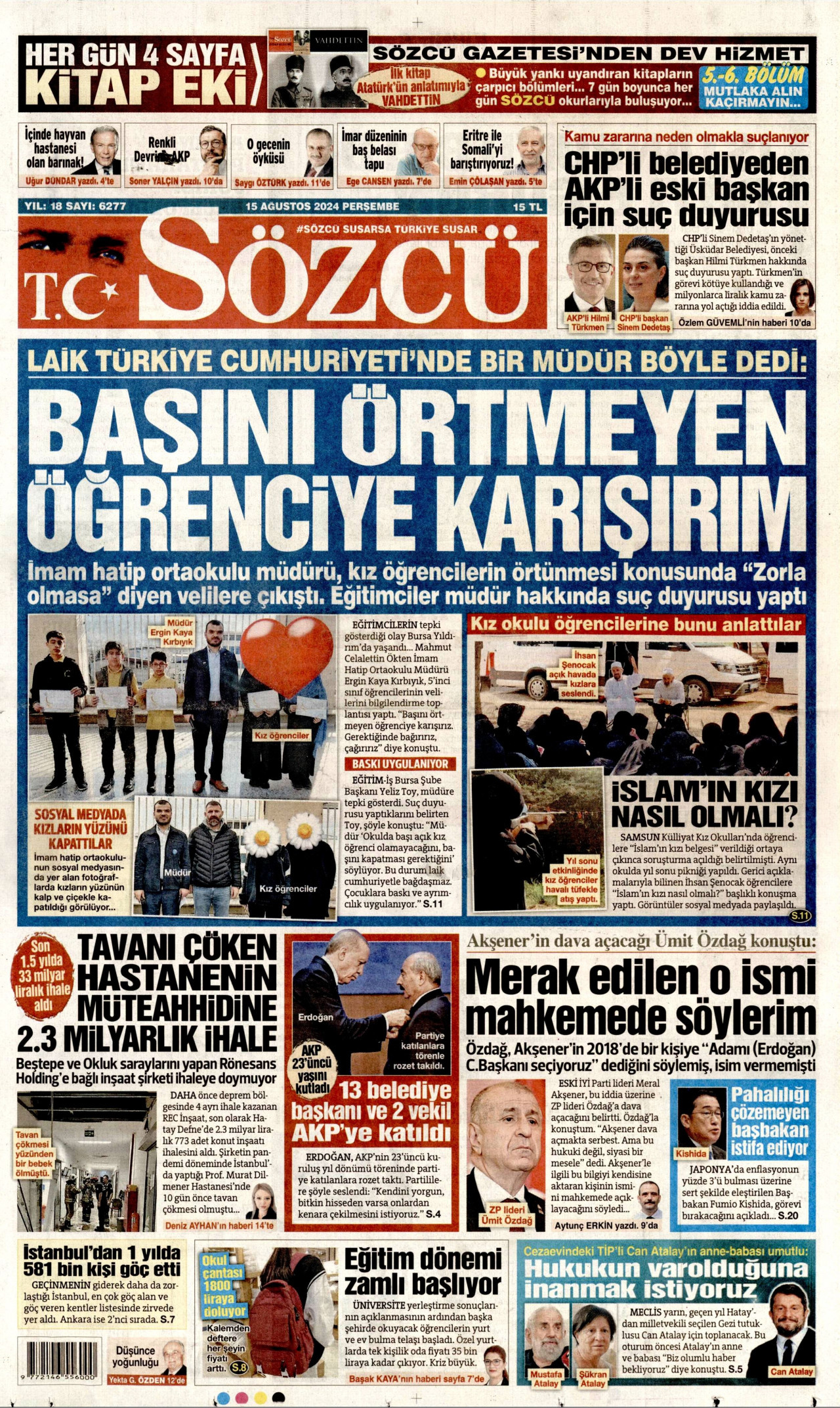 SÖZCÜ gazetesinin 15 Ağustos 2024 tarihli birinci sayfası