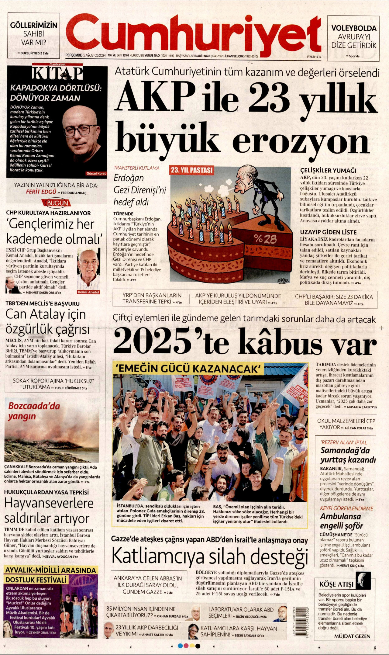 CUMHURİYET gazetesinin 15 Ağustos 2024 tarihli birinci sayfası