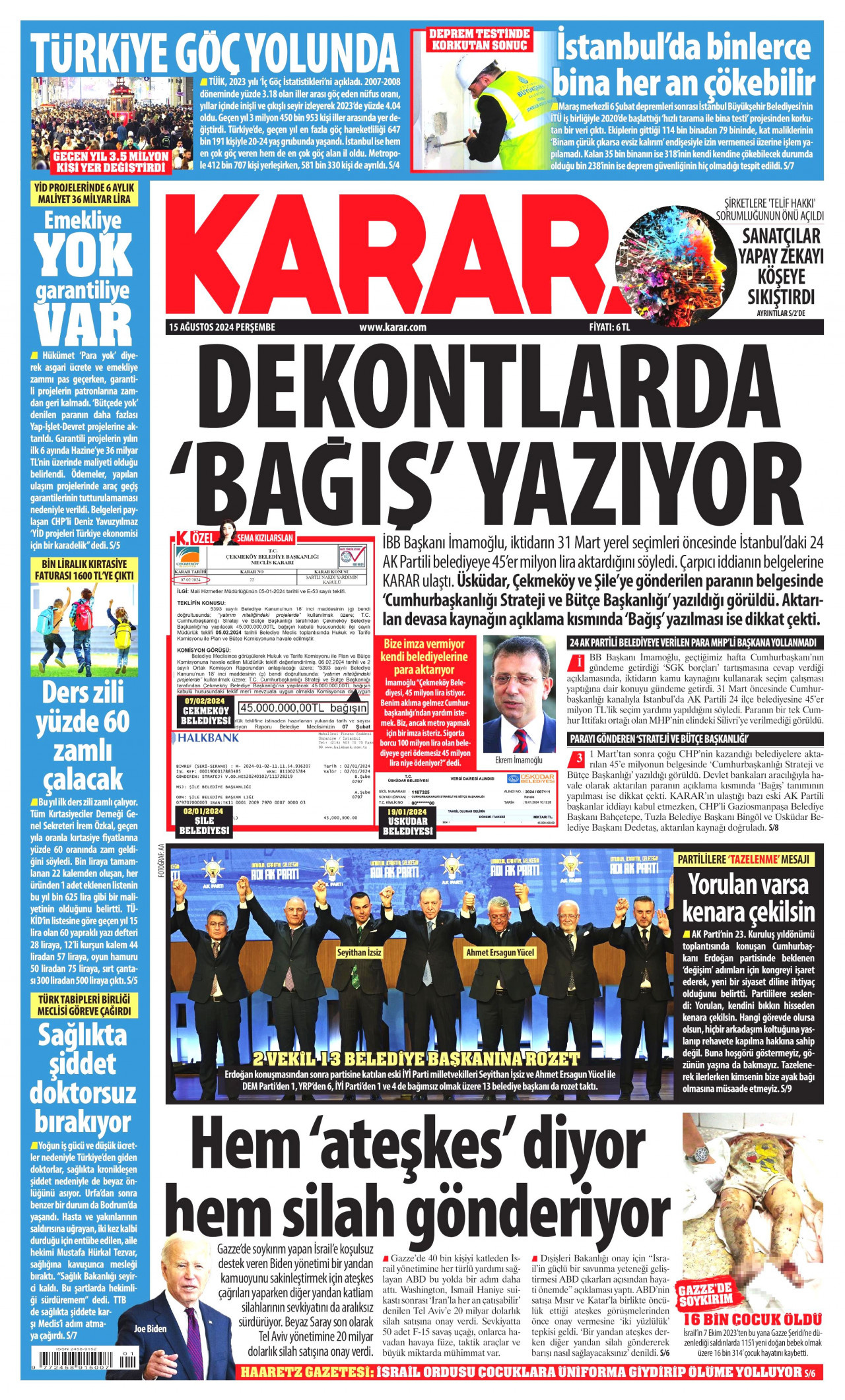 KARAR gazetesinin 15 Ağustos 2024 tarihli birinci sayfası