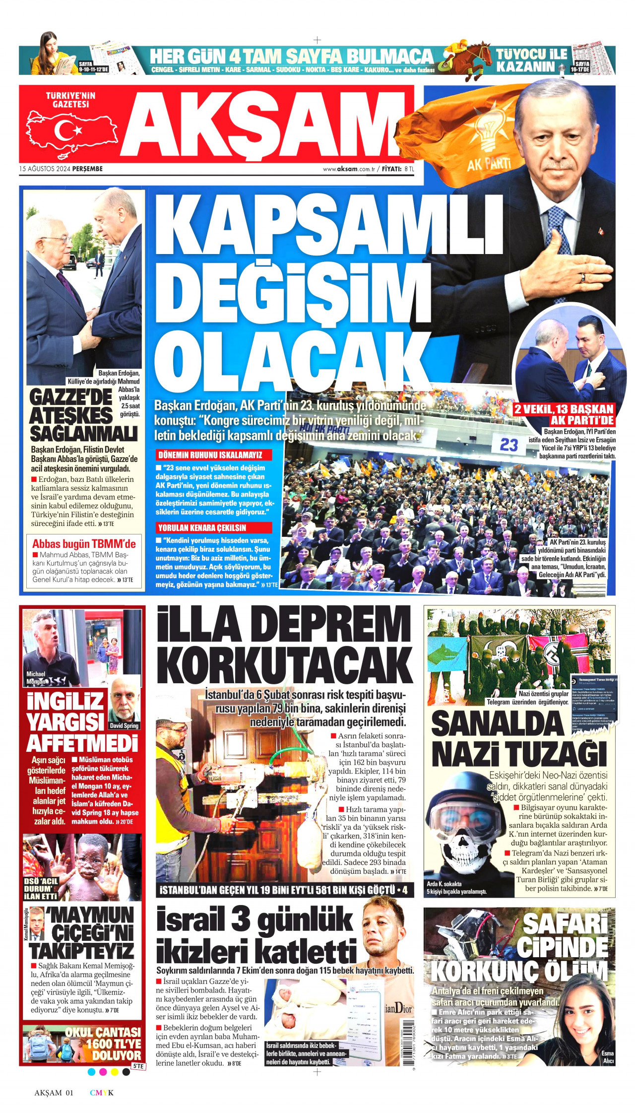 AKŞAM gazetesinin 15 Ağustos 2024 tarihli birinci sayfası