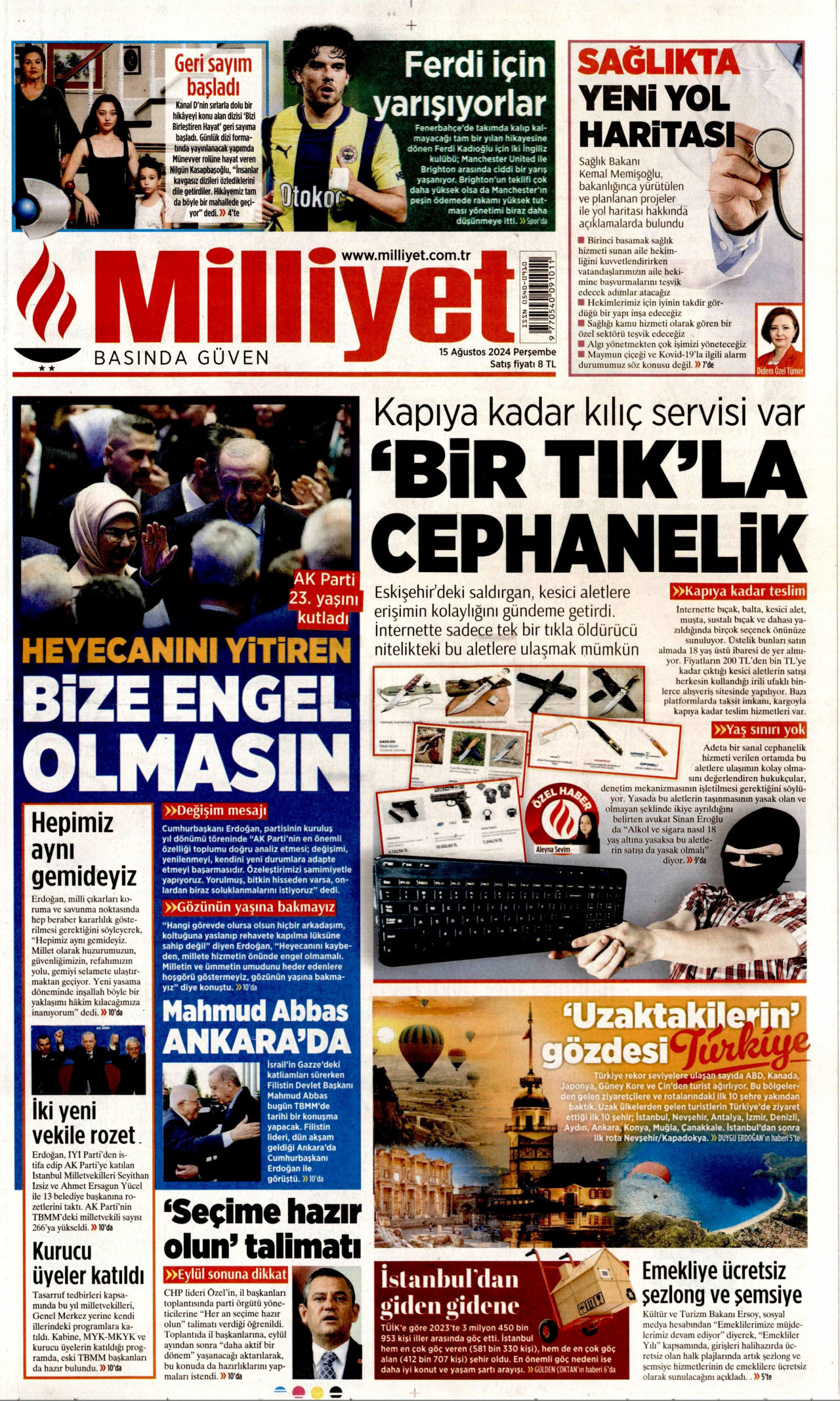 MİLLİYET gazetesinin 15 Ağustos 2024 tarihli birinci sayfası