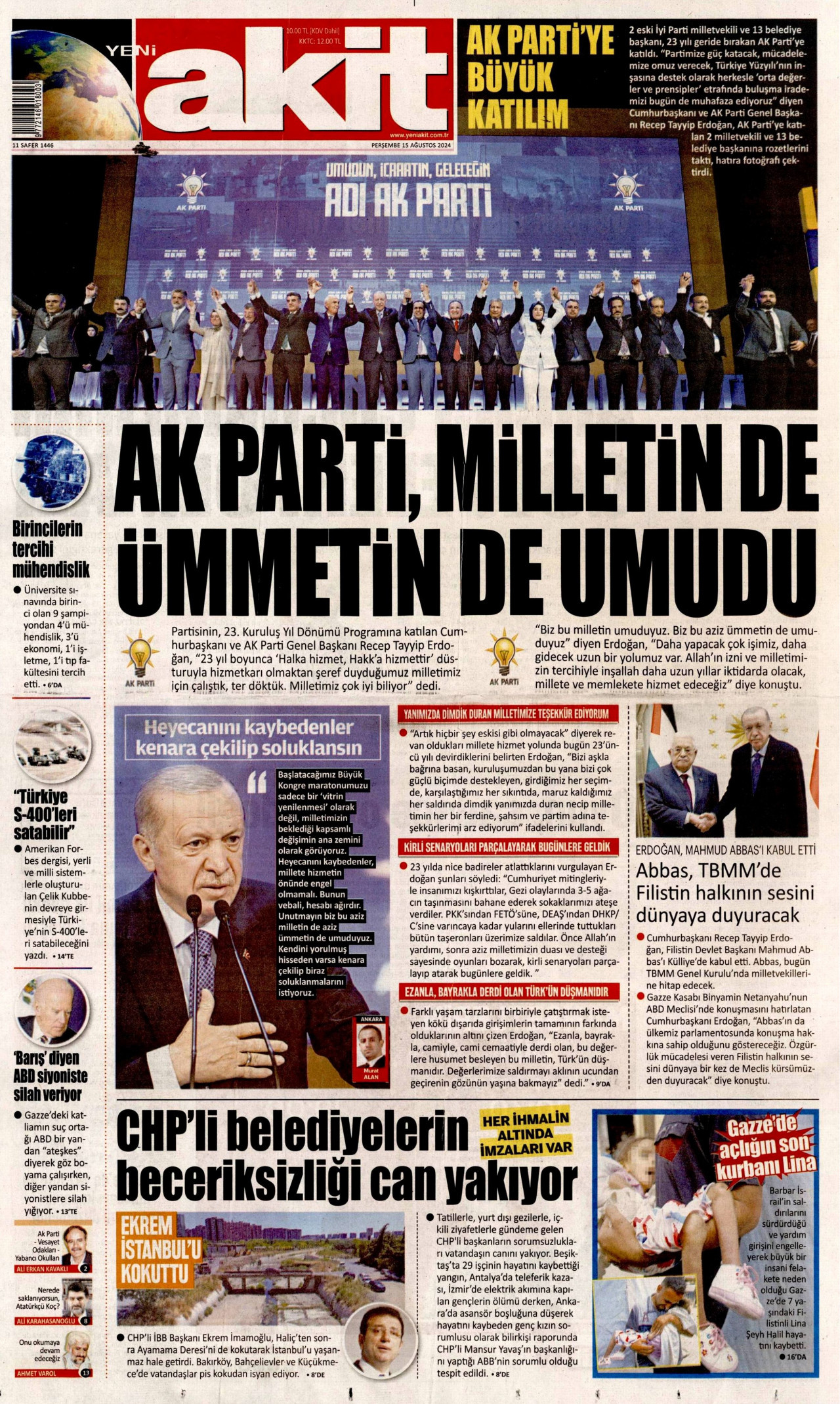 YENİ AKİT gazetesinin 15 Ağustos 2024 tarihli birinci sayfası