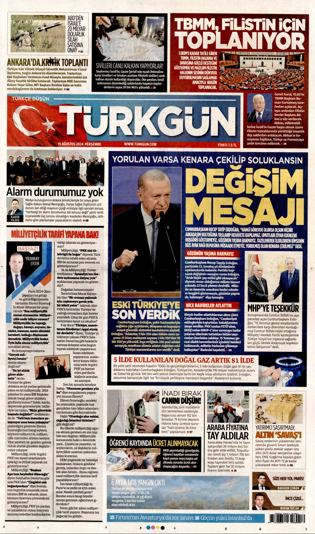 TÜRKGÜN gazetesinin 15 Ağustos 2024 tarihli birinci sayfası