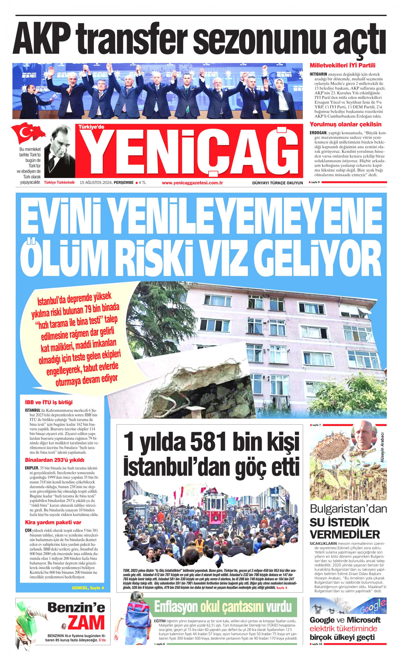 YENİÇAĞ gazetesinin 15 Ağustos 2024 tarihli birinci sayfası