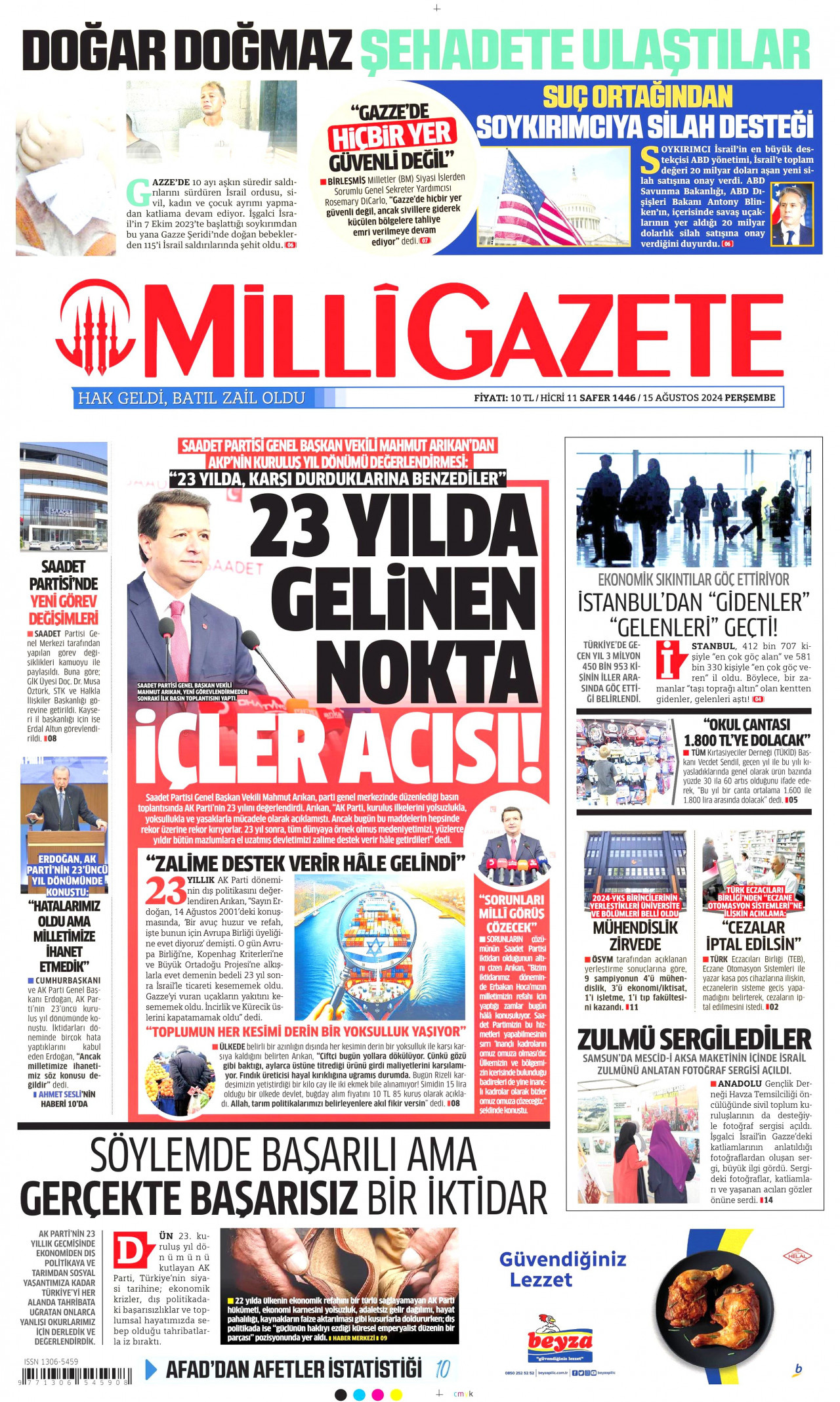 MİLLİ GAZETE gazetesinin 15 Ağustos 2024 tarihli birinci sayfası