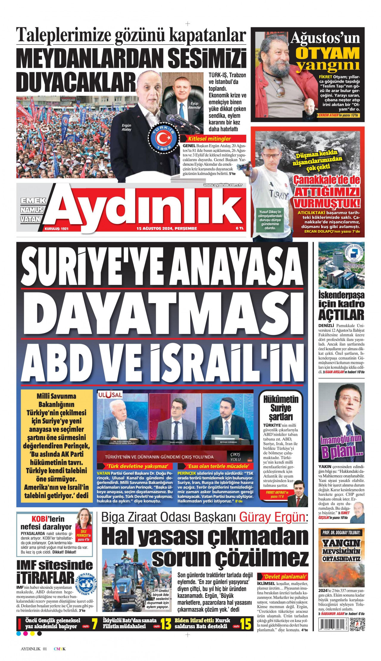 AYDINLIK GAZETESİ gazetesinin 15 Ağustos 2024 tarihli birinci sayfası