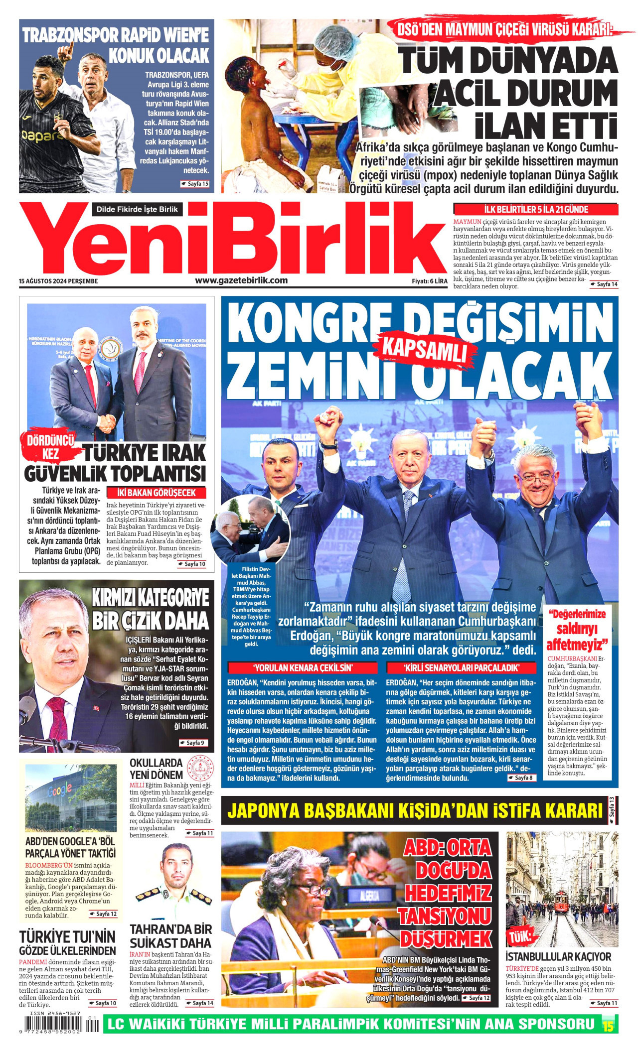YENİBİRLİK gazetesinin 15 Ağustos 2024 tarihli birinci sayfası