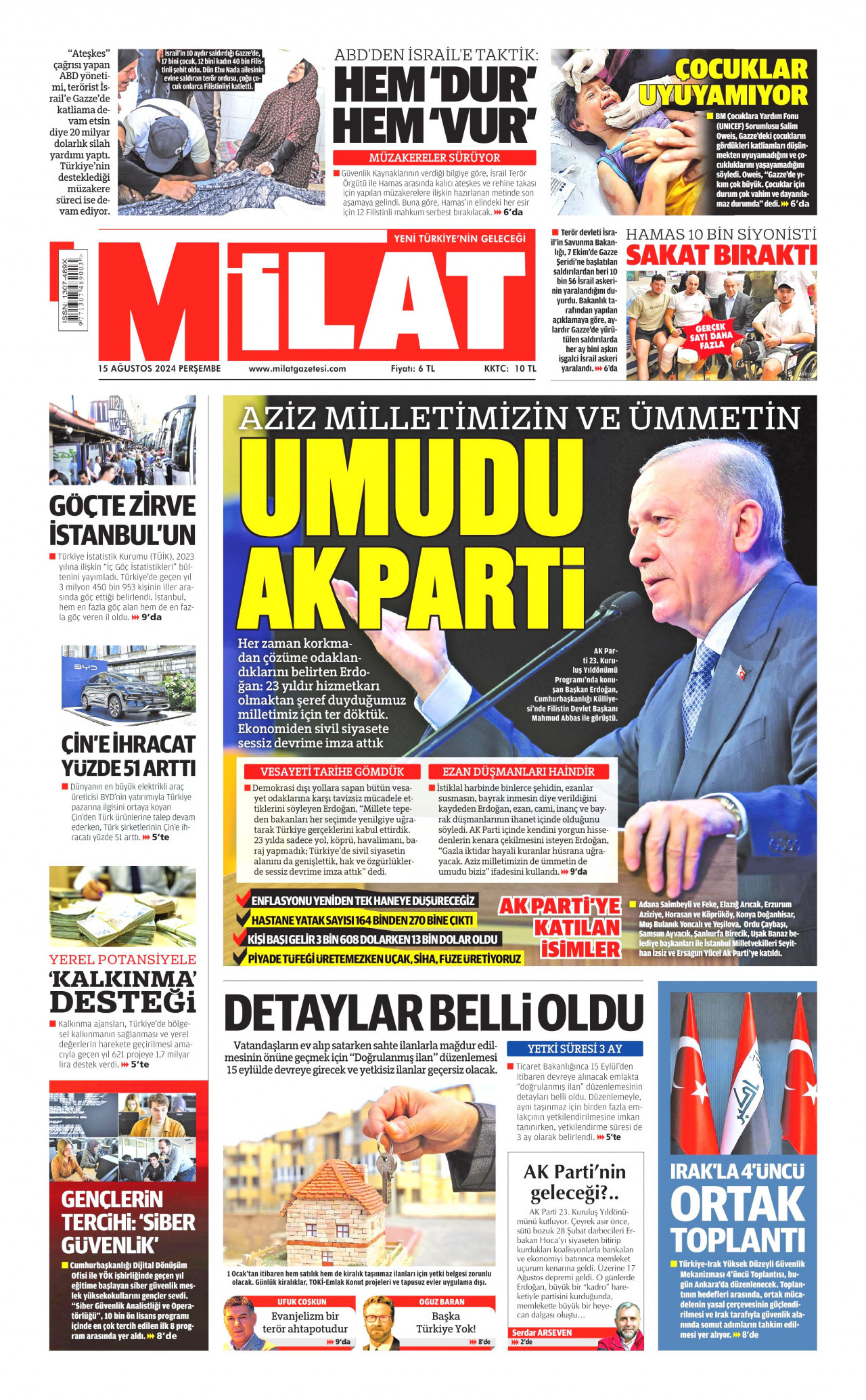 MİLAT gazetesinin 15 Ağustos 2024 tarihli birinci sayfası