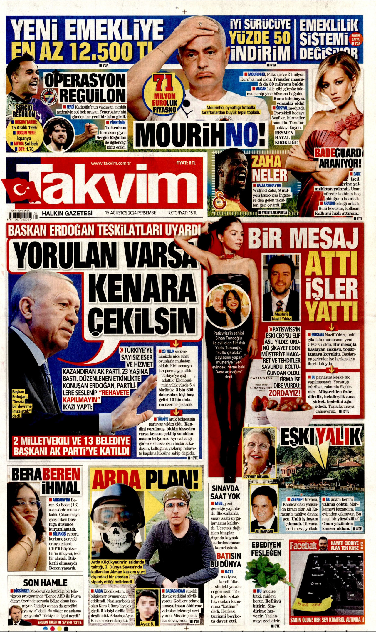 TAKVİM gazetesinin 15 Ağustos 2024 tarihli birinci sayfası