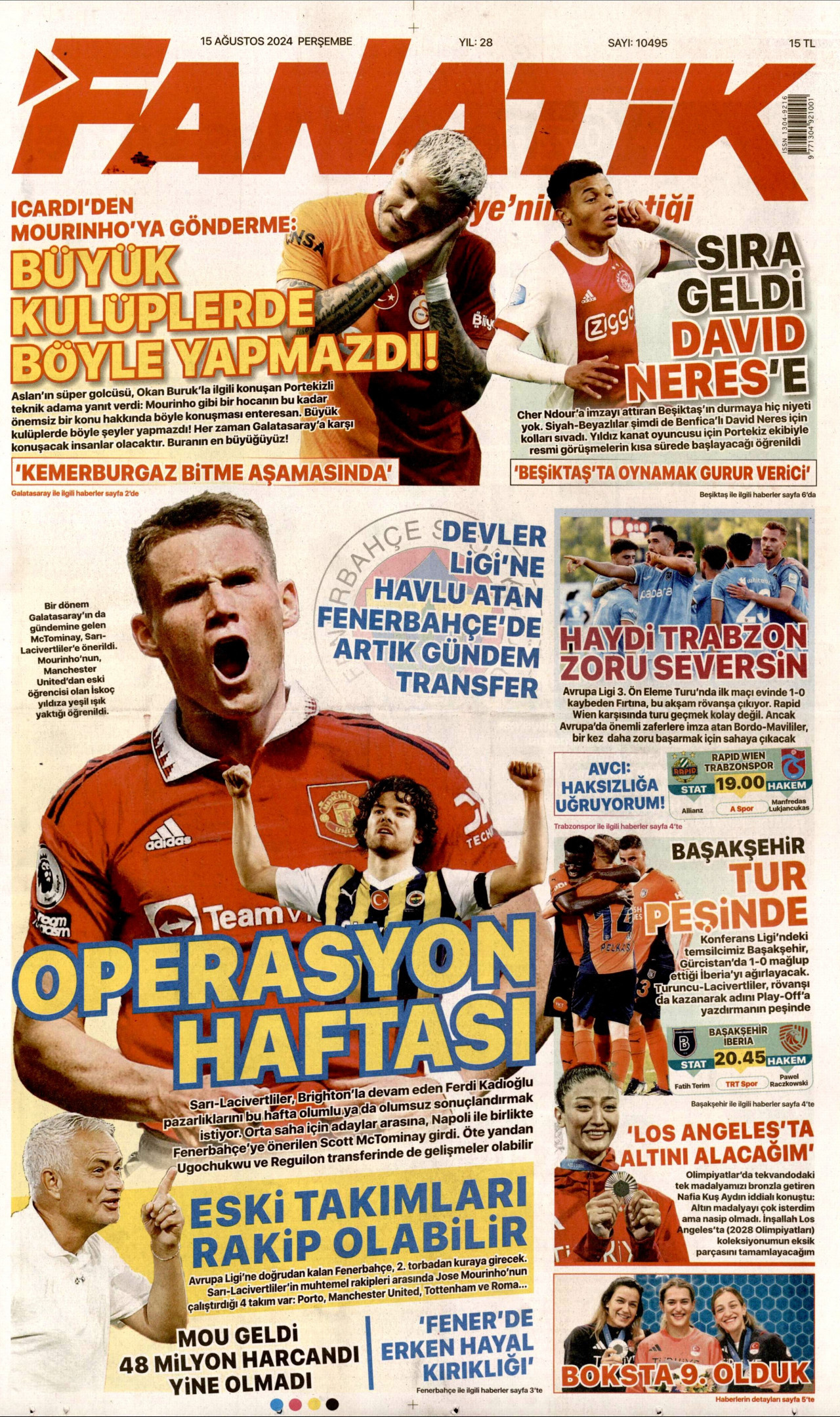 FANATİK gazetesinin 15 Ağustos 2024 tarihli birinci sayfası