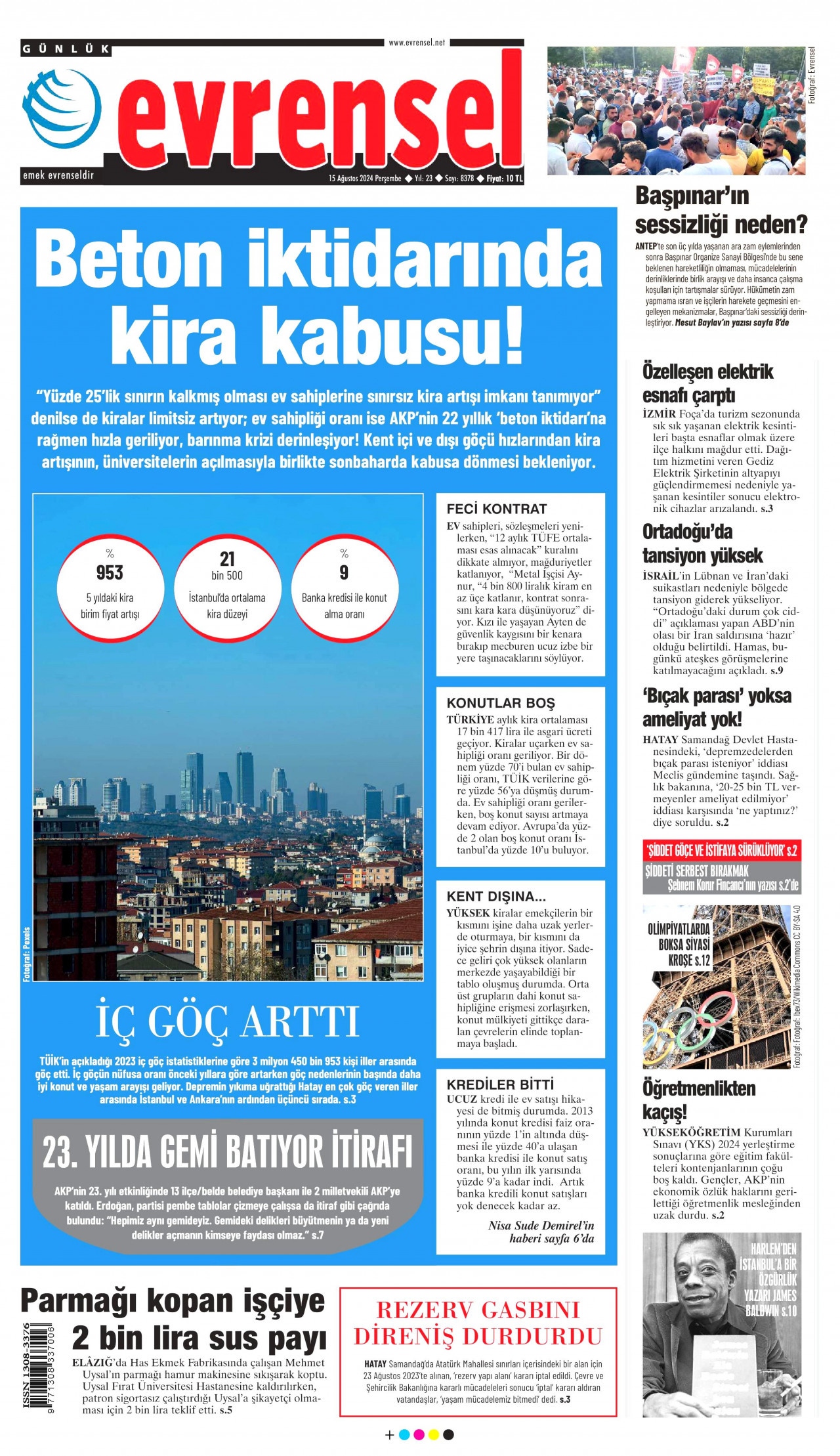 EVRENSEL gazetesinin 15 Ağustos 2024 tarihli birinci sayfası