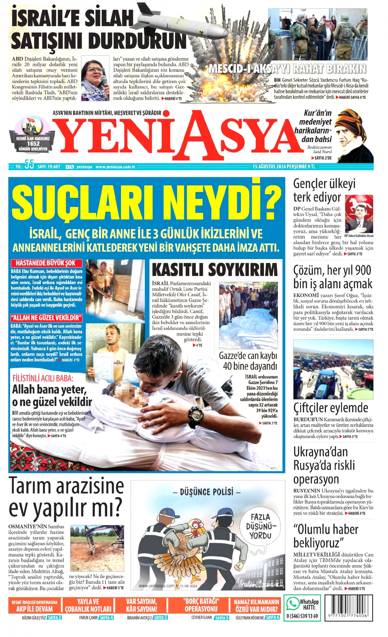 YENİ ASYA gazetesinin 15 Ağustos 2024 tarihli birinci sayfası