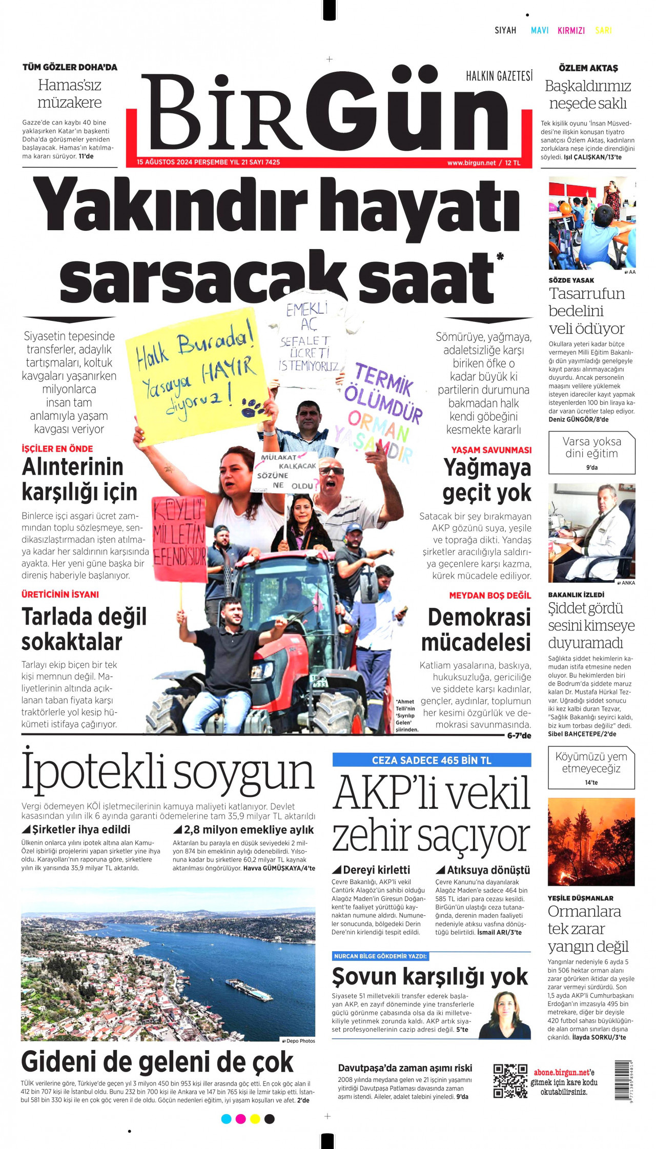 BİRGÜN gazetesinin 15 Ağustos 2024 tarihli birinci sayfası