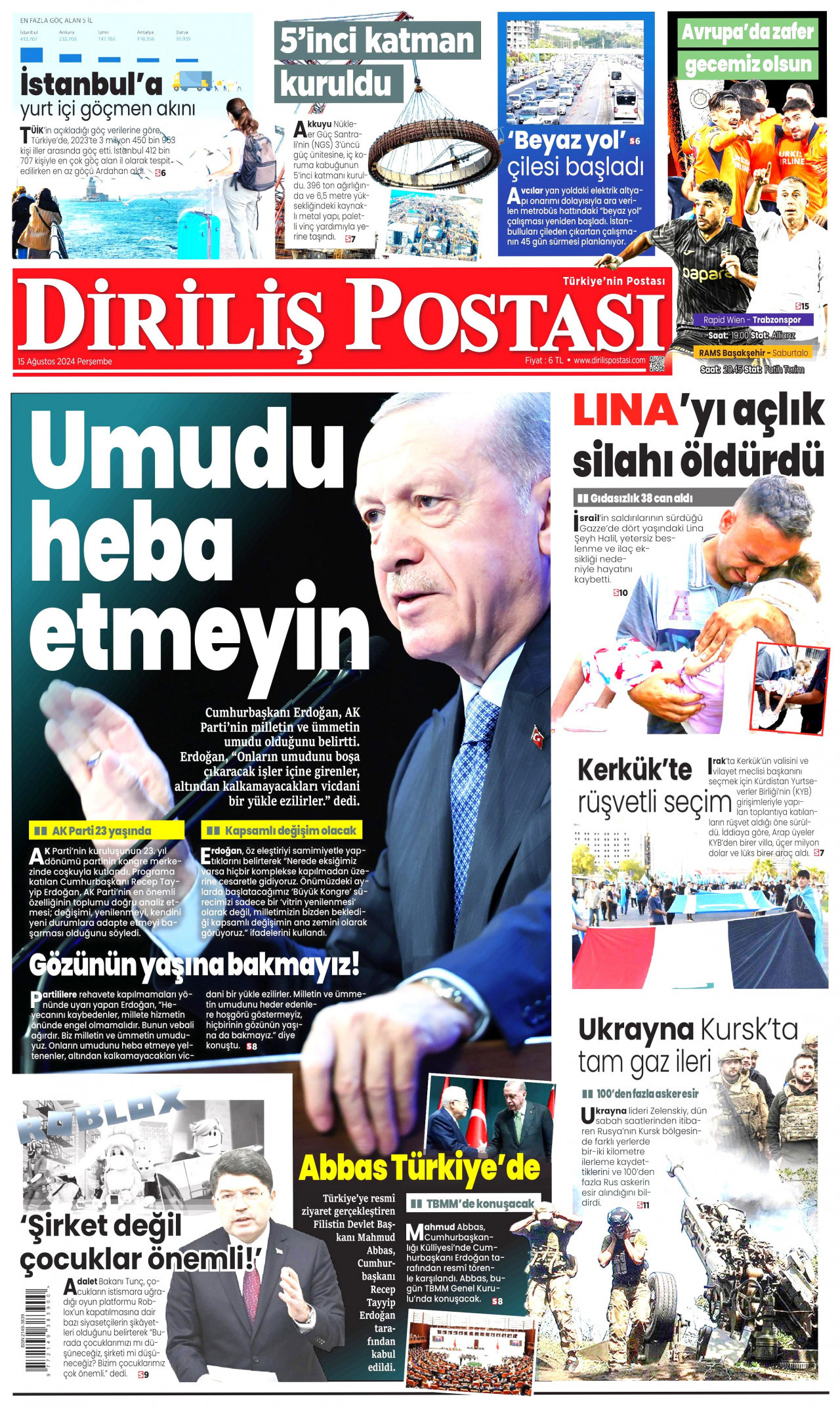 DİRİLİŞ POSTASI gazetesinin 15 Ağustos 2024 tarihli birinci sayfası