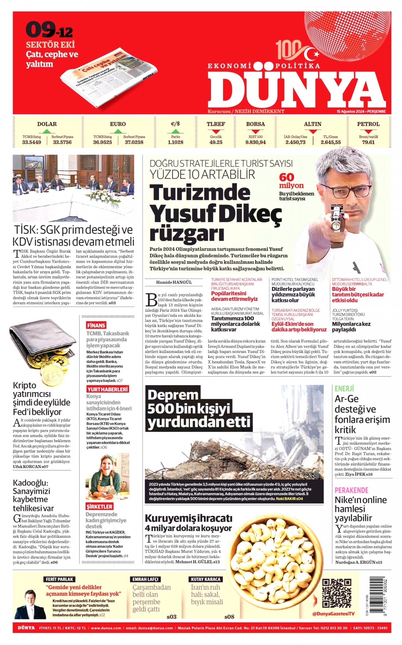 DÜNYA gazetesinin 15 Ağustos 2024 tarihli birinci sayfası