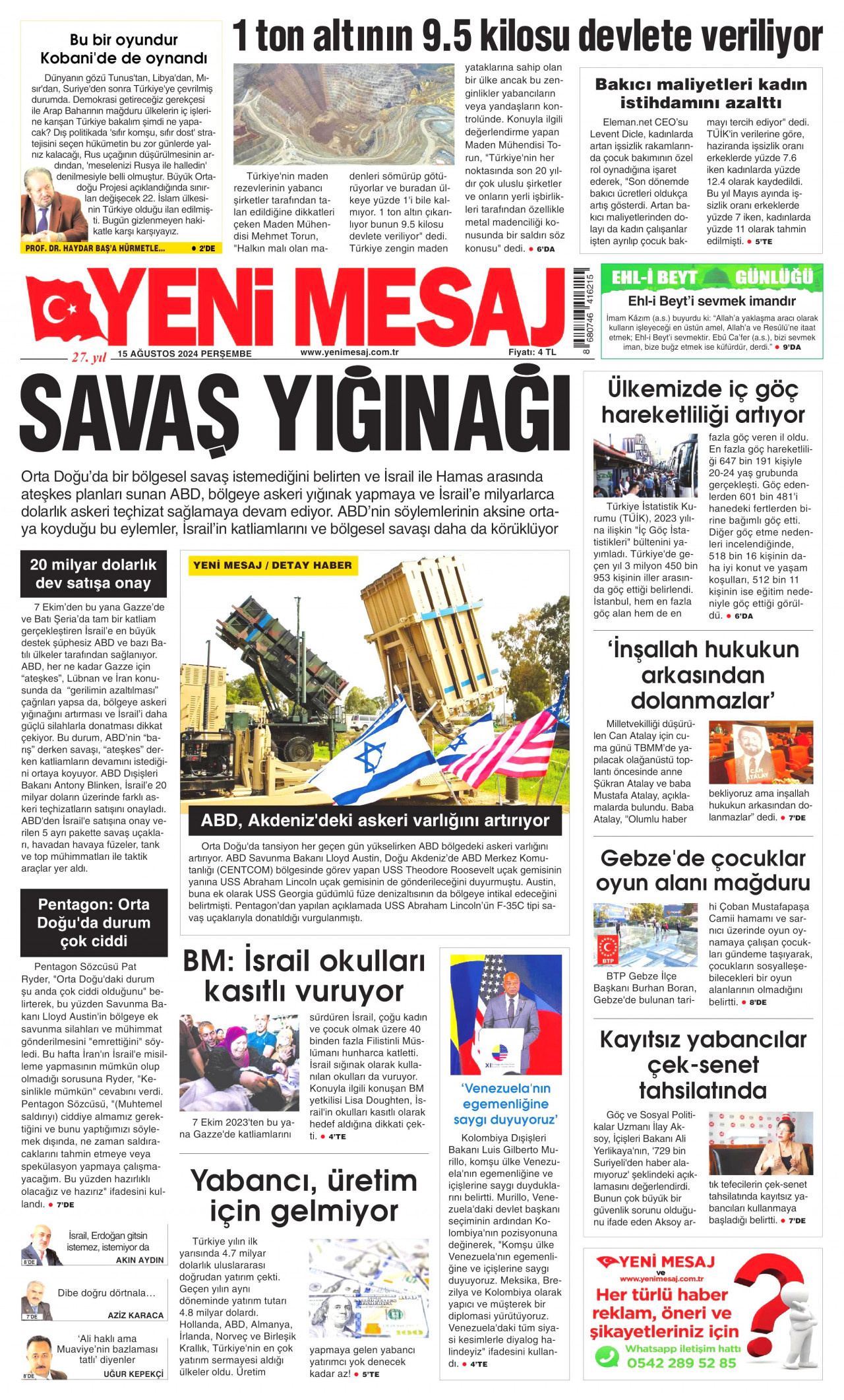 YENİ MESAJ gazetesinin 15 Ağustos 2024 tarihli birinci sayfası