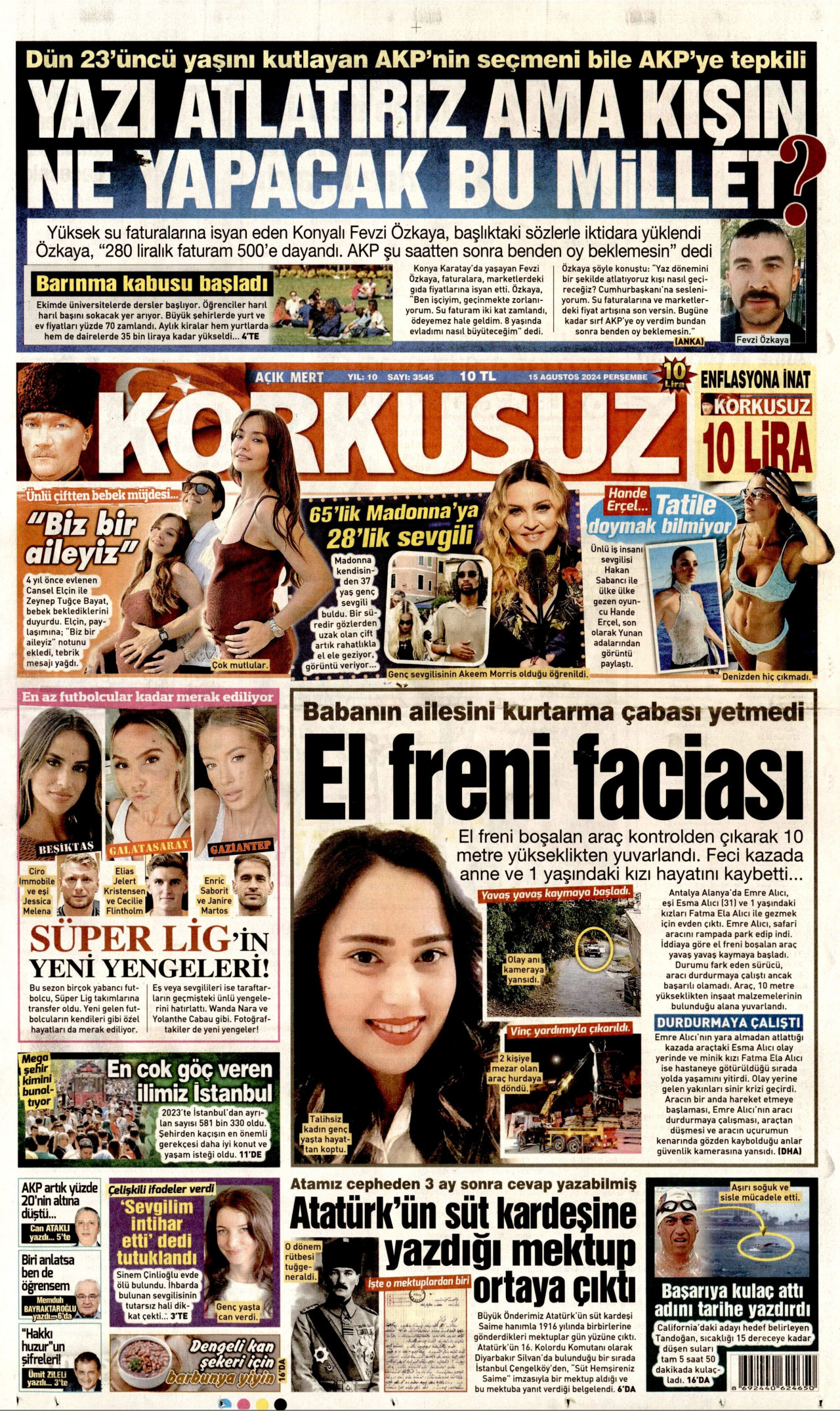 KORKUSUZ gazetesinin 15 Ağustos 2024 tarihli birinci sayfası