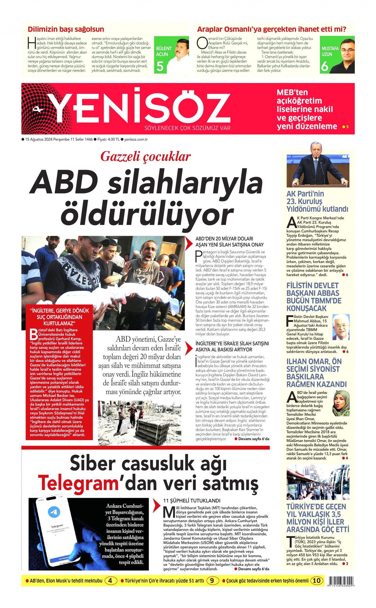 YENİ SÖZ GAZETESİ gazetesinin 15 Ağustos 2024 tarihli birinci sayfası