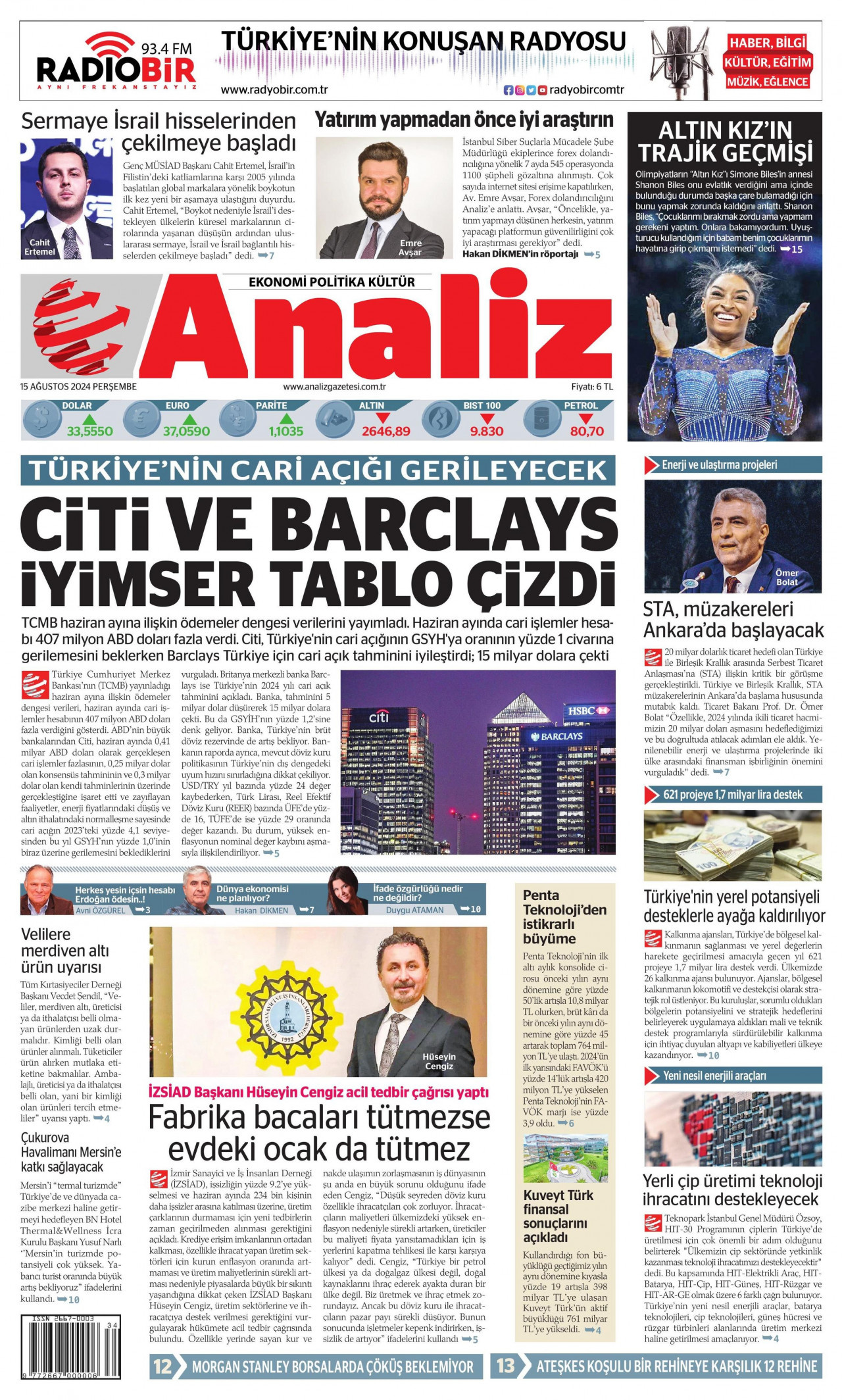 ANALİZ gazetesinin 15 Ağustos 2024 tarihli birinci sayfası