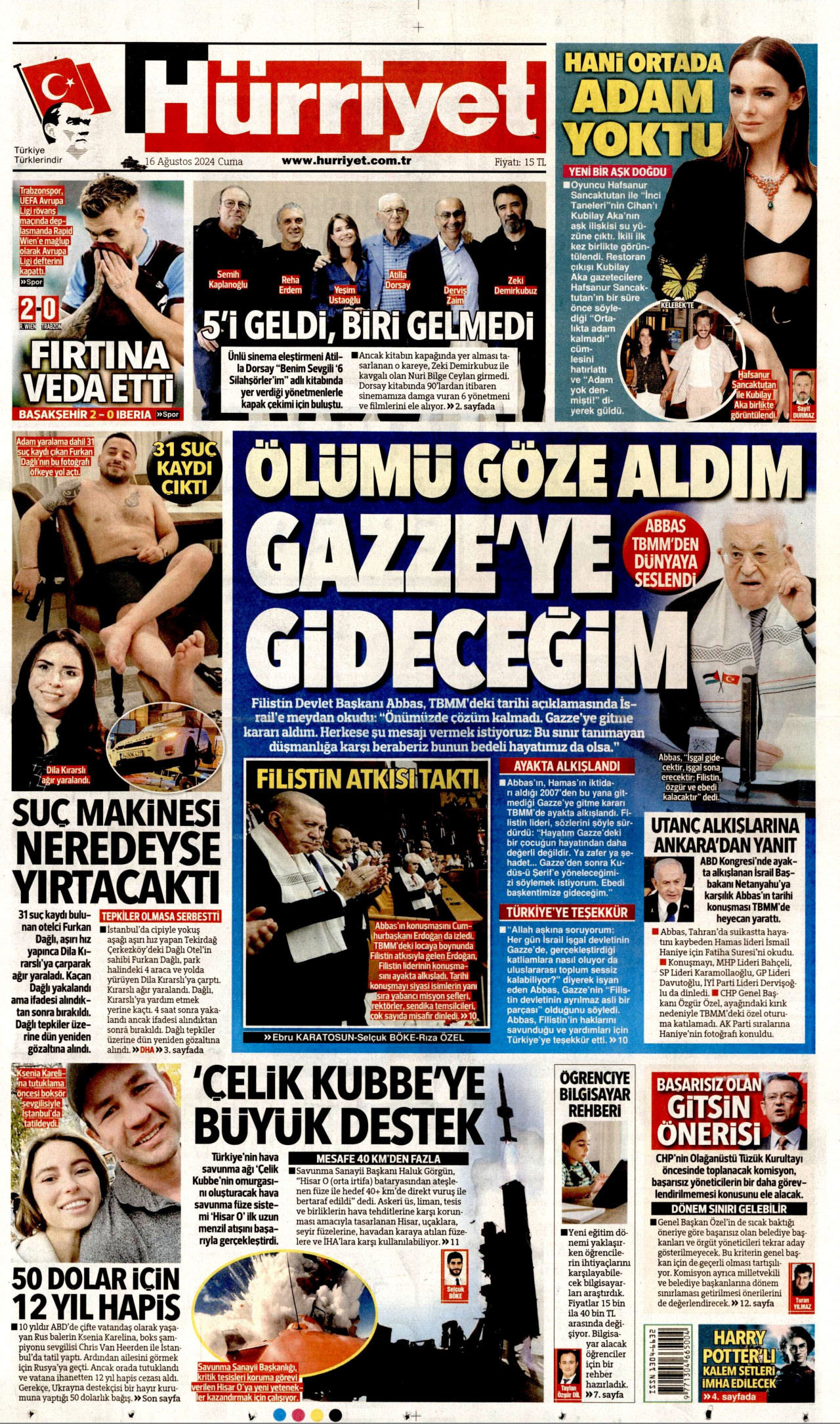 HÜRRİYET gazetesinin 16 Ağustos 2024 tarihli birinci sayfası