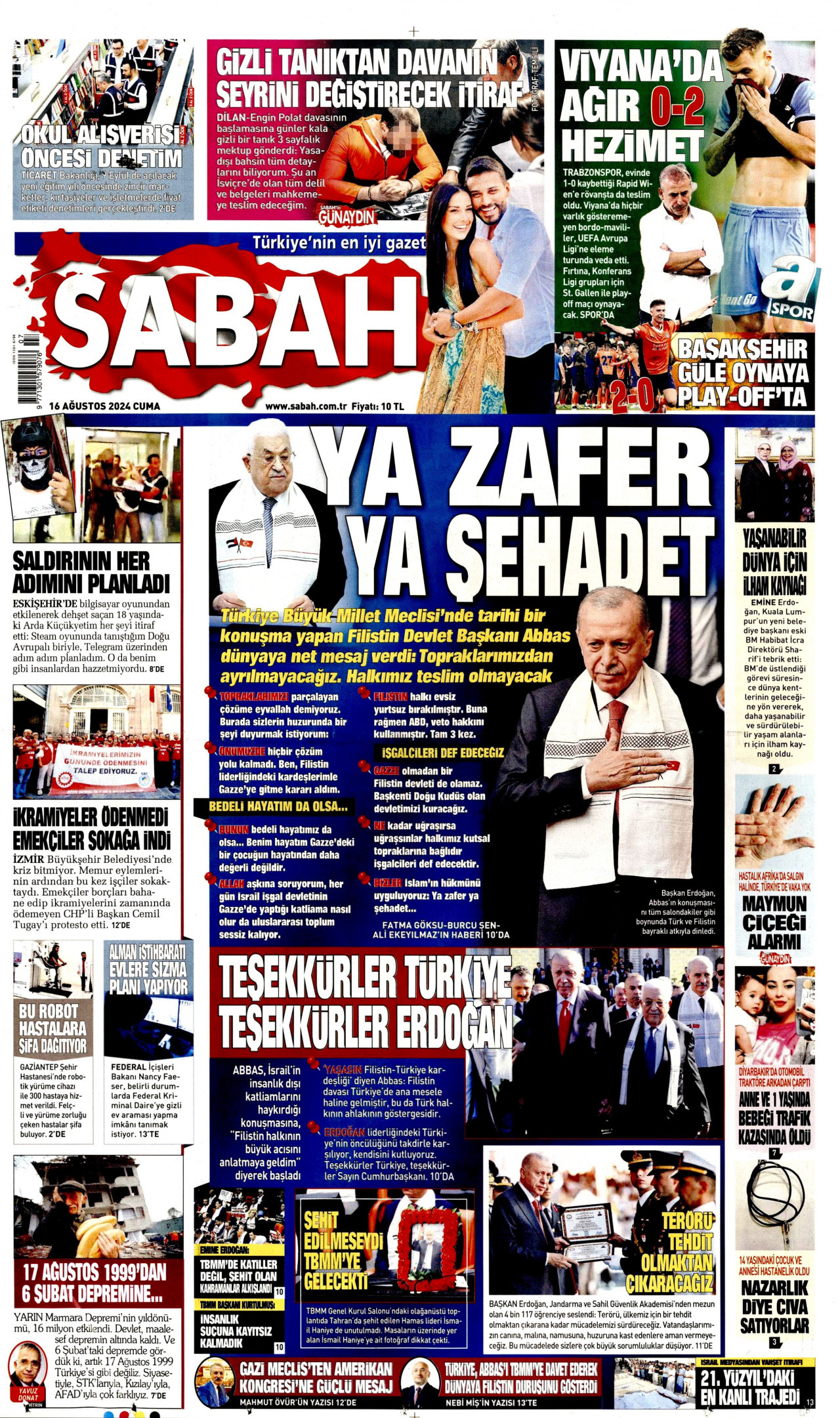 SABAH gazetesinin 16 Ağustos 2024 tarihli birinci sayfası