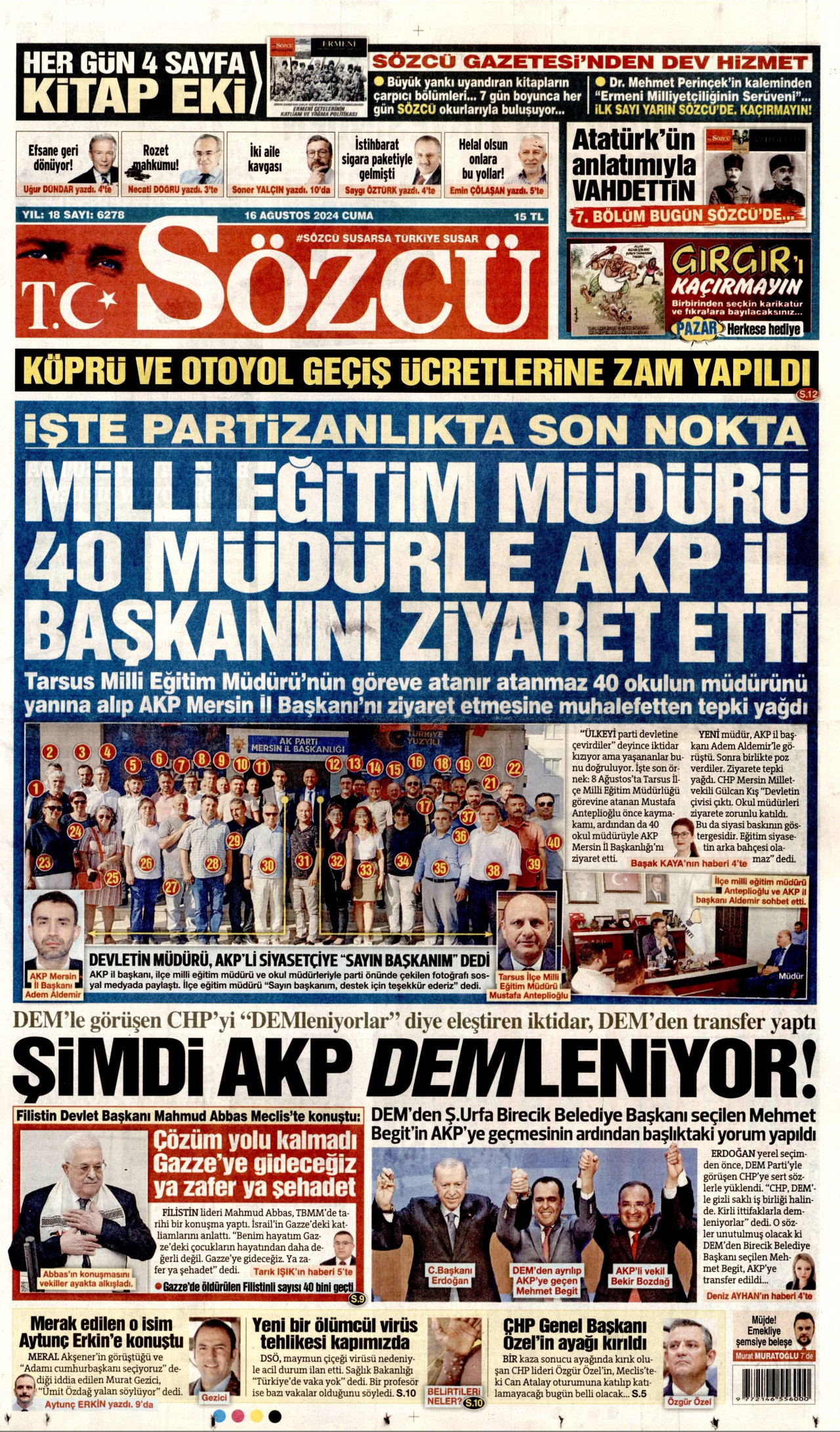 SÖZCÜ gazetesinin 16 Ağustos 2024 tarihli birinci sayfası