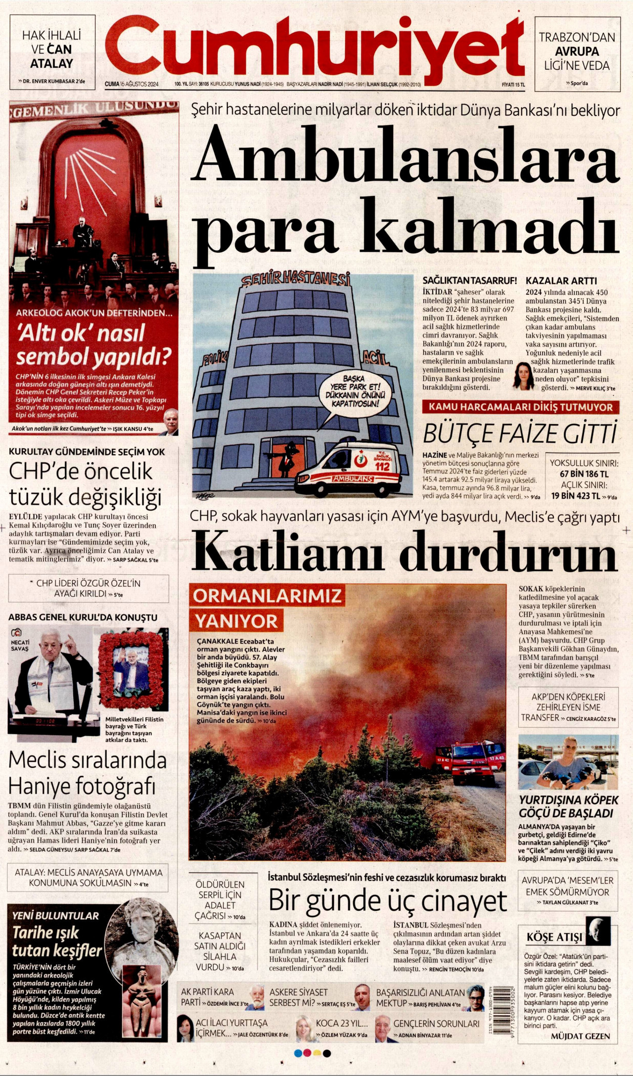 CUMHURİYET gazetesinin 16 Ağustos 2024 tarihli birinci sayfası
