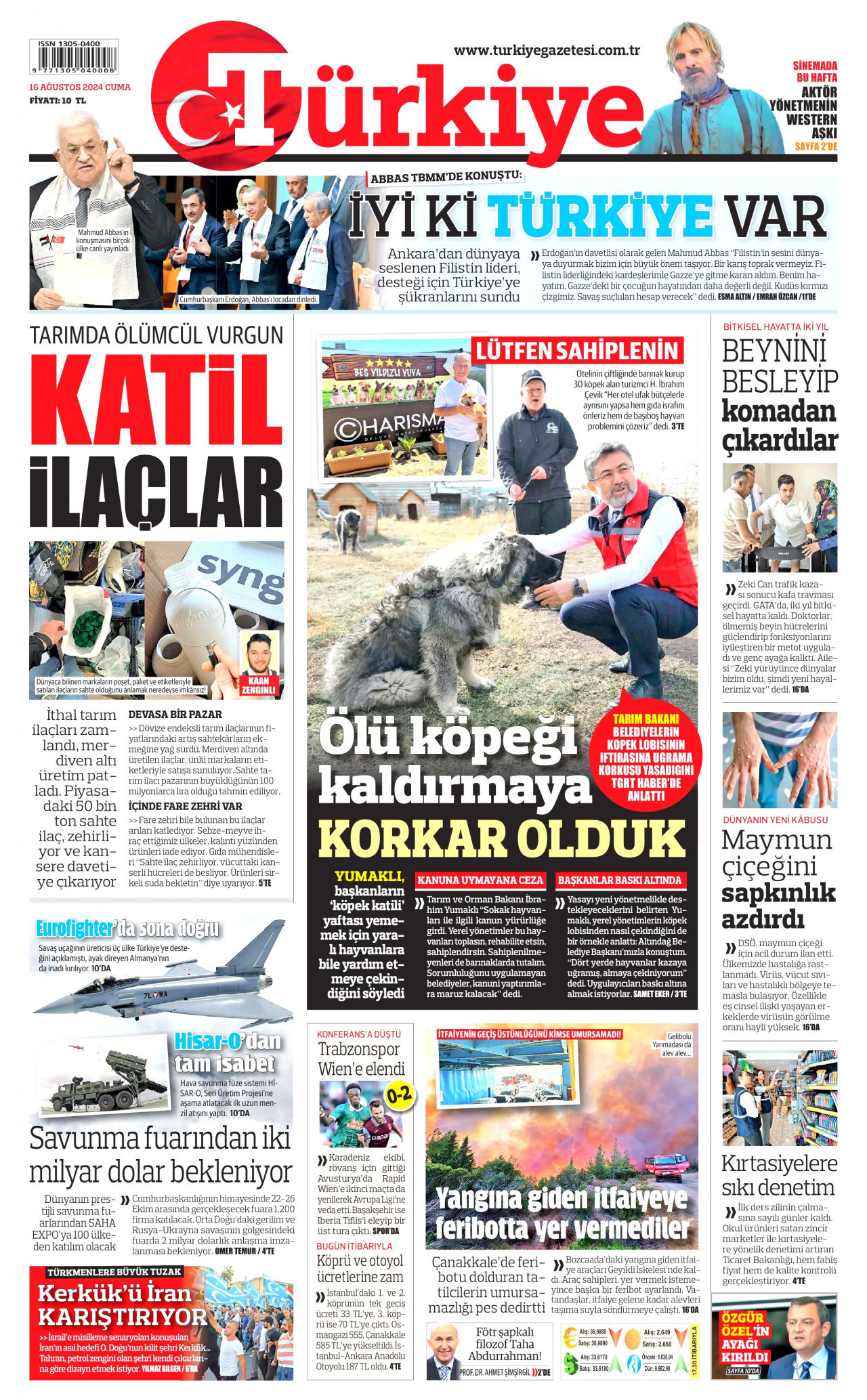 TÜRKİYE GAZETESİ gazetesinin 16 Ağustos 2024 tarihli birinci sayfası