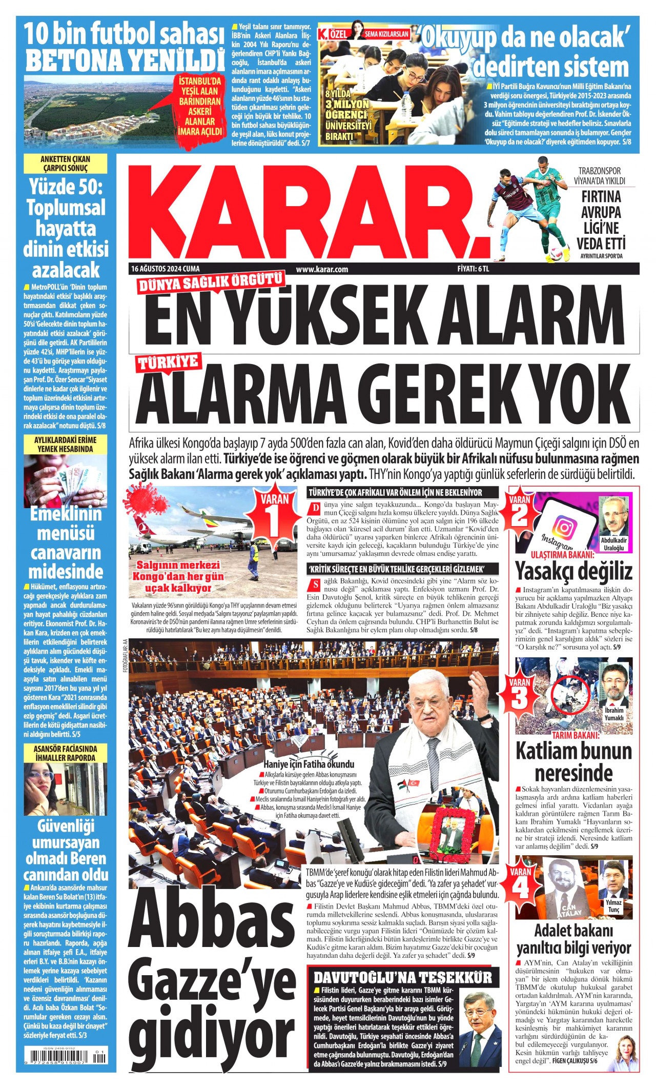 KARAR gazetesinin 16 Ağustos 2024 tarihli birinci sayfası
