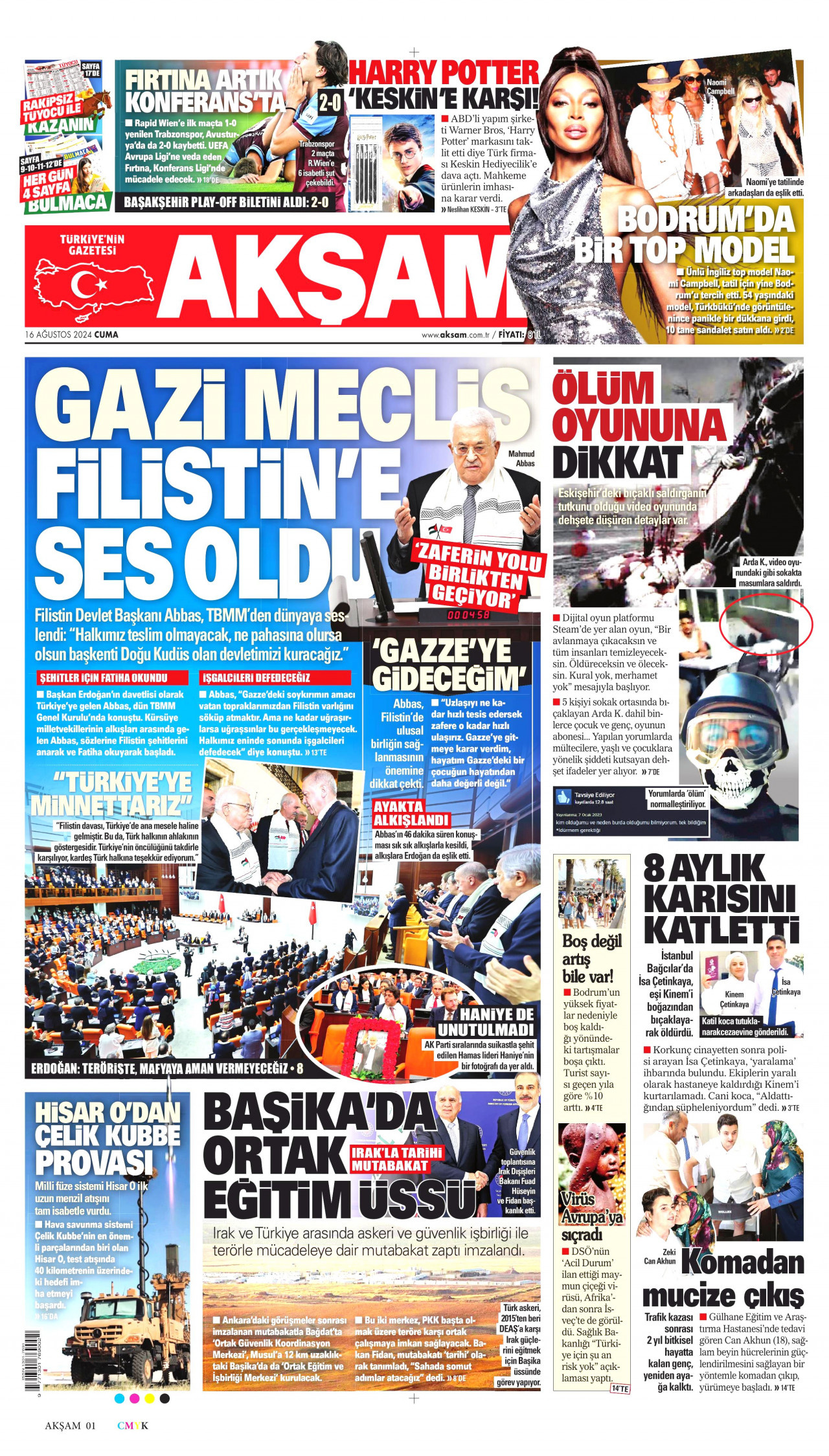 AKŞAM gazetesinin 16 Ağustos 2024 tarihli birinci sayfası