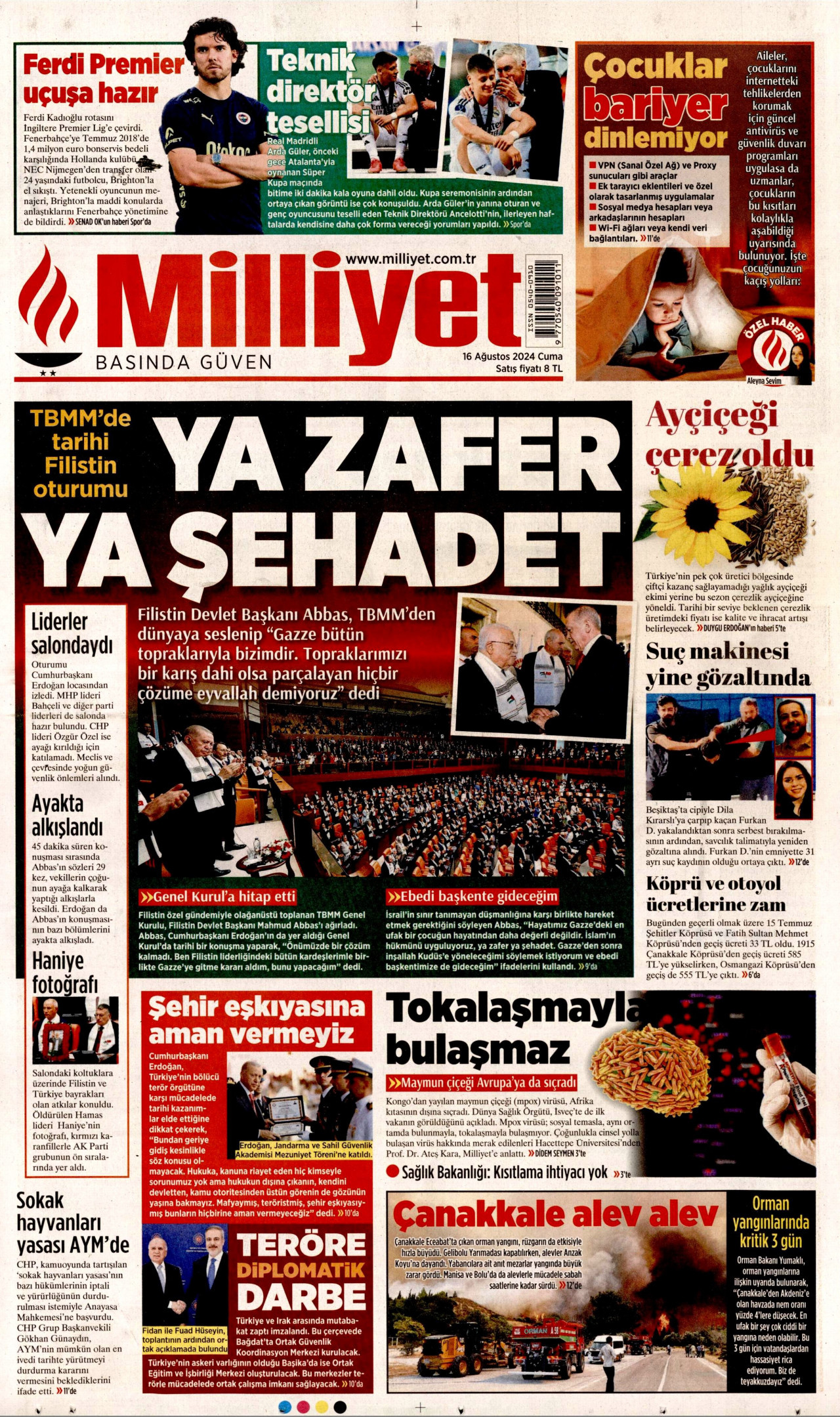 MİLLİYET gazetesinin 16 Ağustos 2024 tarihli birinci sayfası