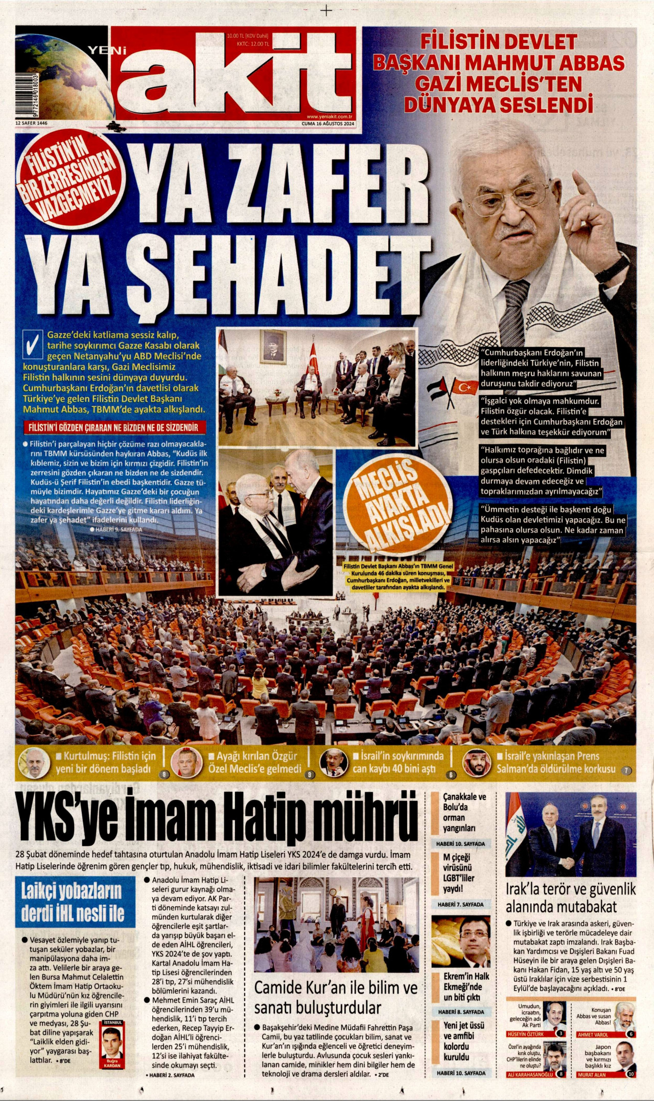 YENİ AKİT gazetesinin 16 Ağustos 2024 tarihli birinci sayfası