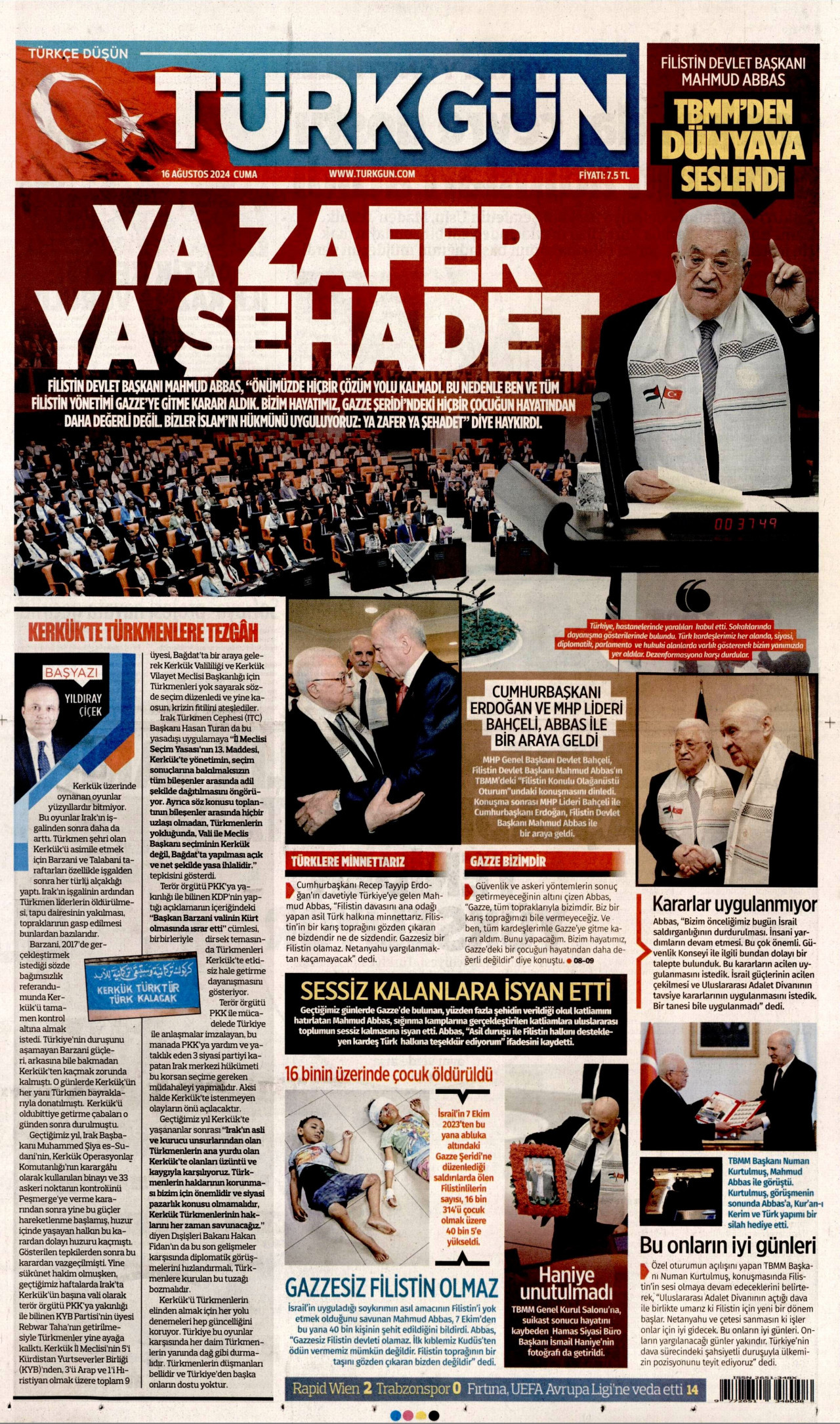 TÜRKGÜN gazetesinin 16 Ağustos 2024 tarihli birinci sayfası
