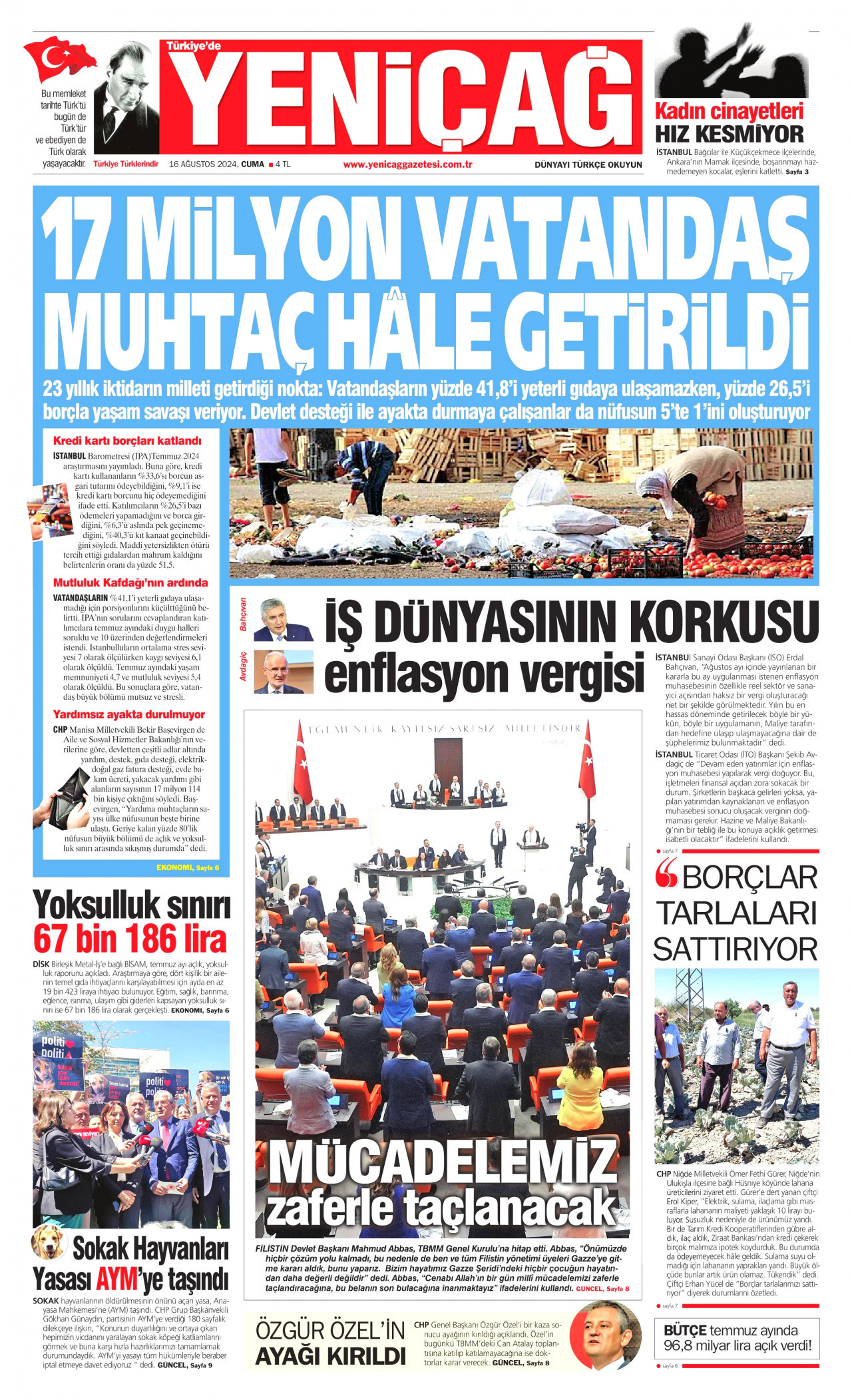 YENİÇAĞ gazetesinin 16 Ağustos 2024 tarihli birinci sayfası