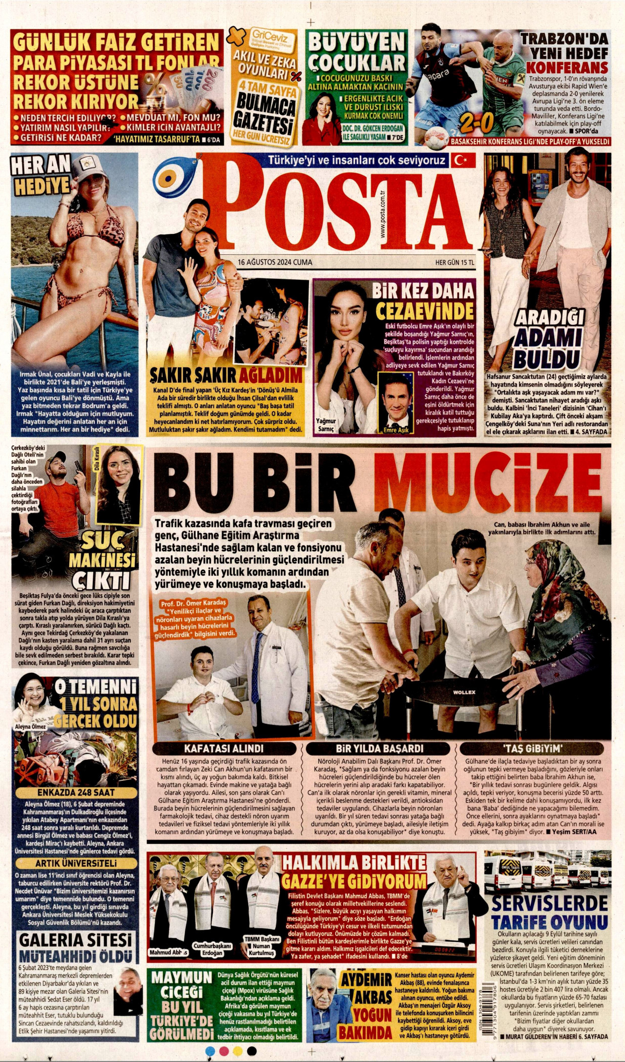 POSTA gazetesinin 16 Ağustos 2024 tarihli birinci sayfası