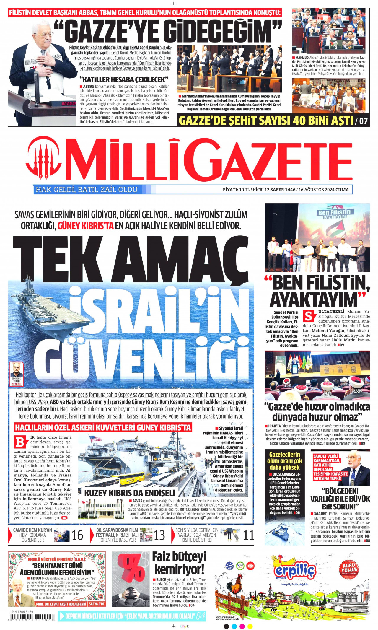 MİLLİ GAZETE gazetesinin 16 Ağustos 2024 tarihli birinci sayfası