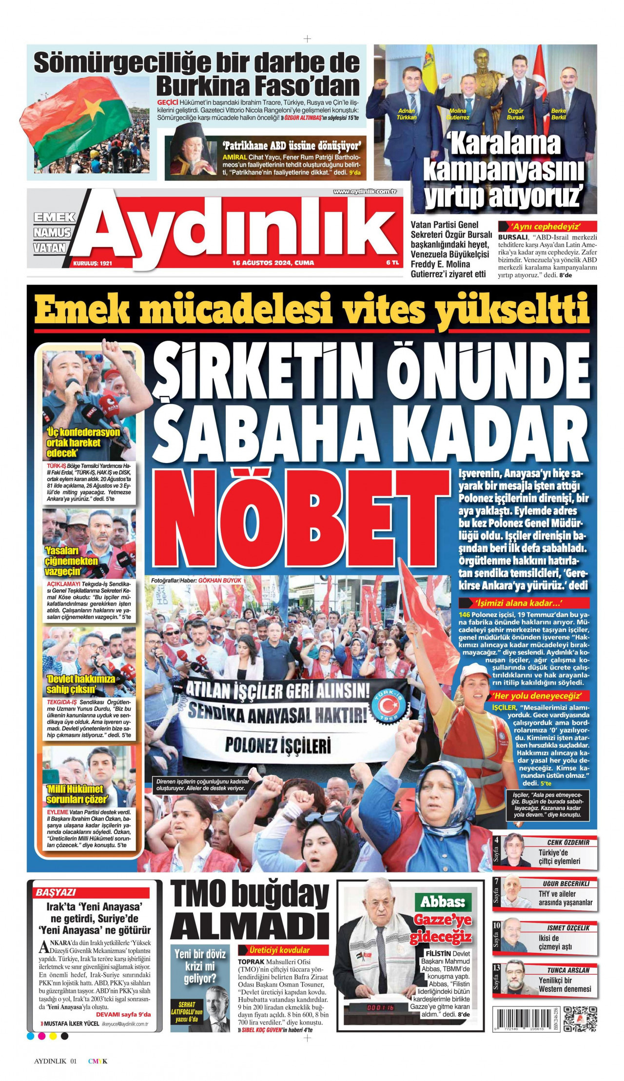 AYDINLIK GAZETESİ gazetesinin 16 Ağustos 2024 tarihli birinci sayfası