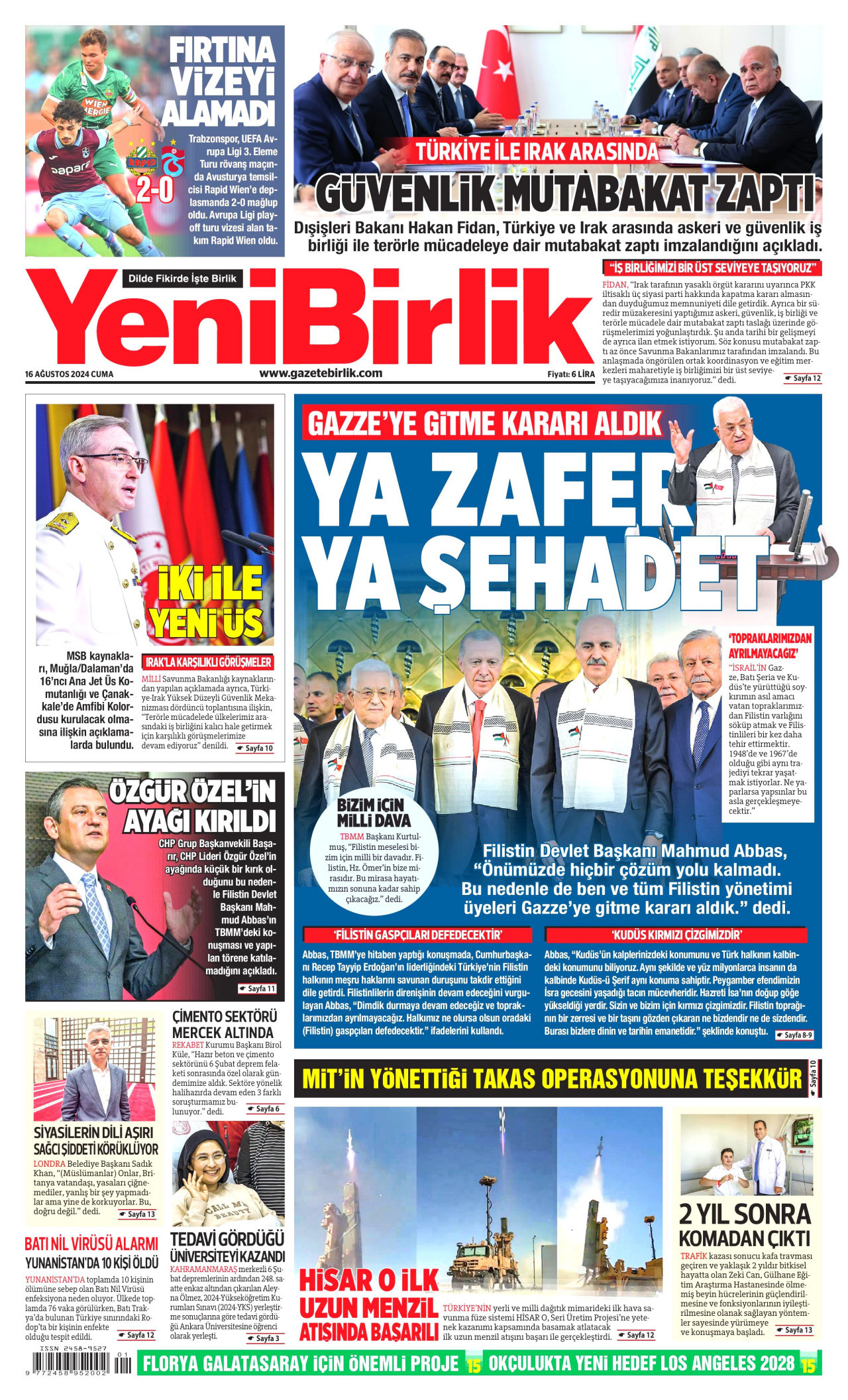YENİBİRLİK gazetesinin 16 Ağustos 2024 tarihli birinci sayfası
