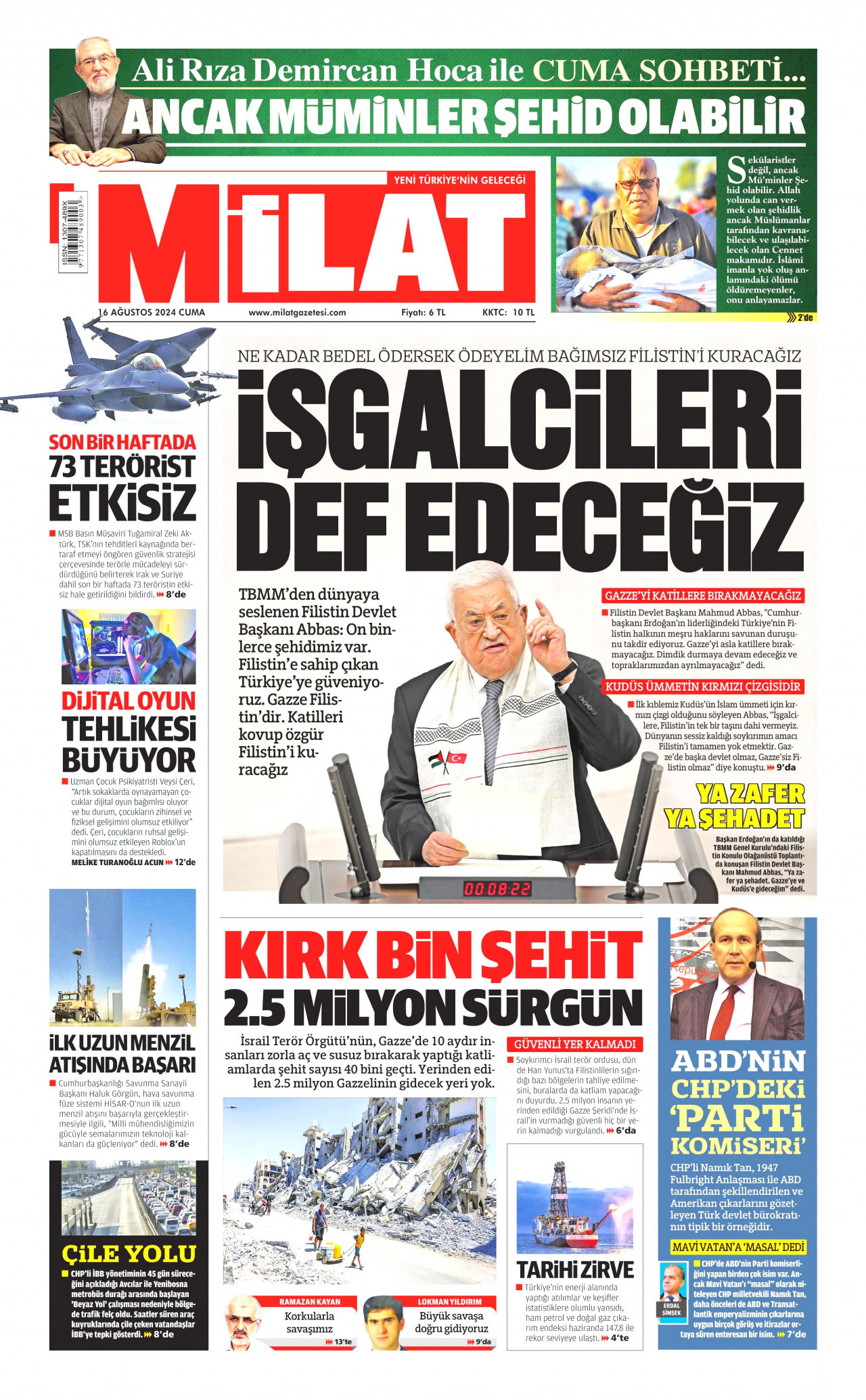 MİLAT gazetesinin 16 Ağustos 2024 tarihli birinci sayfası