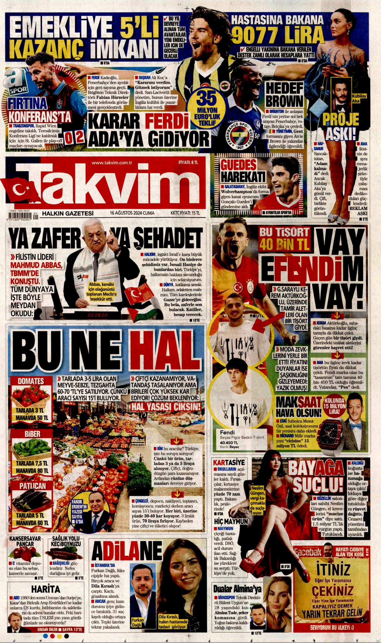 TAKVİM gazetesinin 16 Ağustos 2024 tarihli birinci sayfası