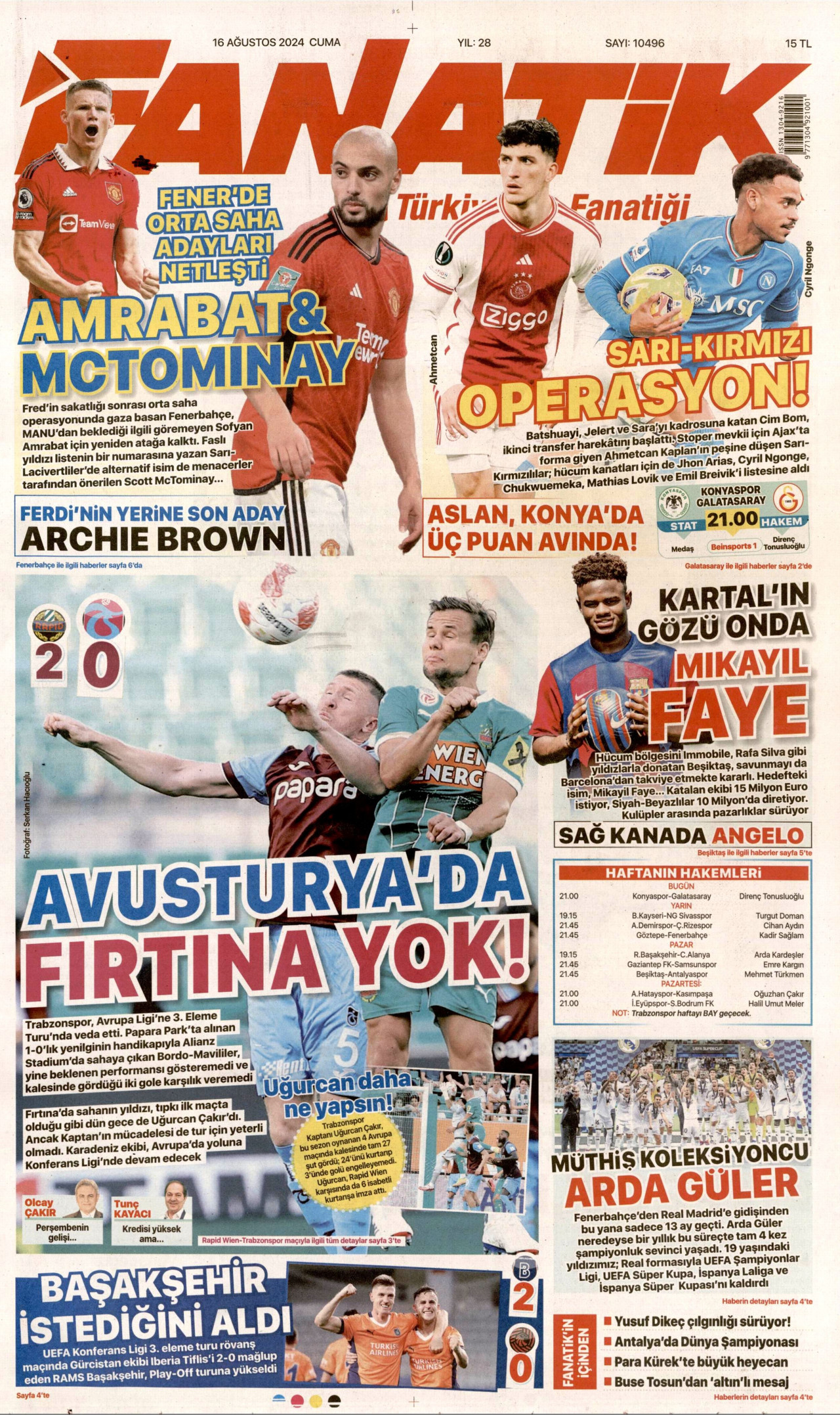 FANATİK gazetesinin 16 Ağustos 2024 tarihli birinci sayfası