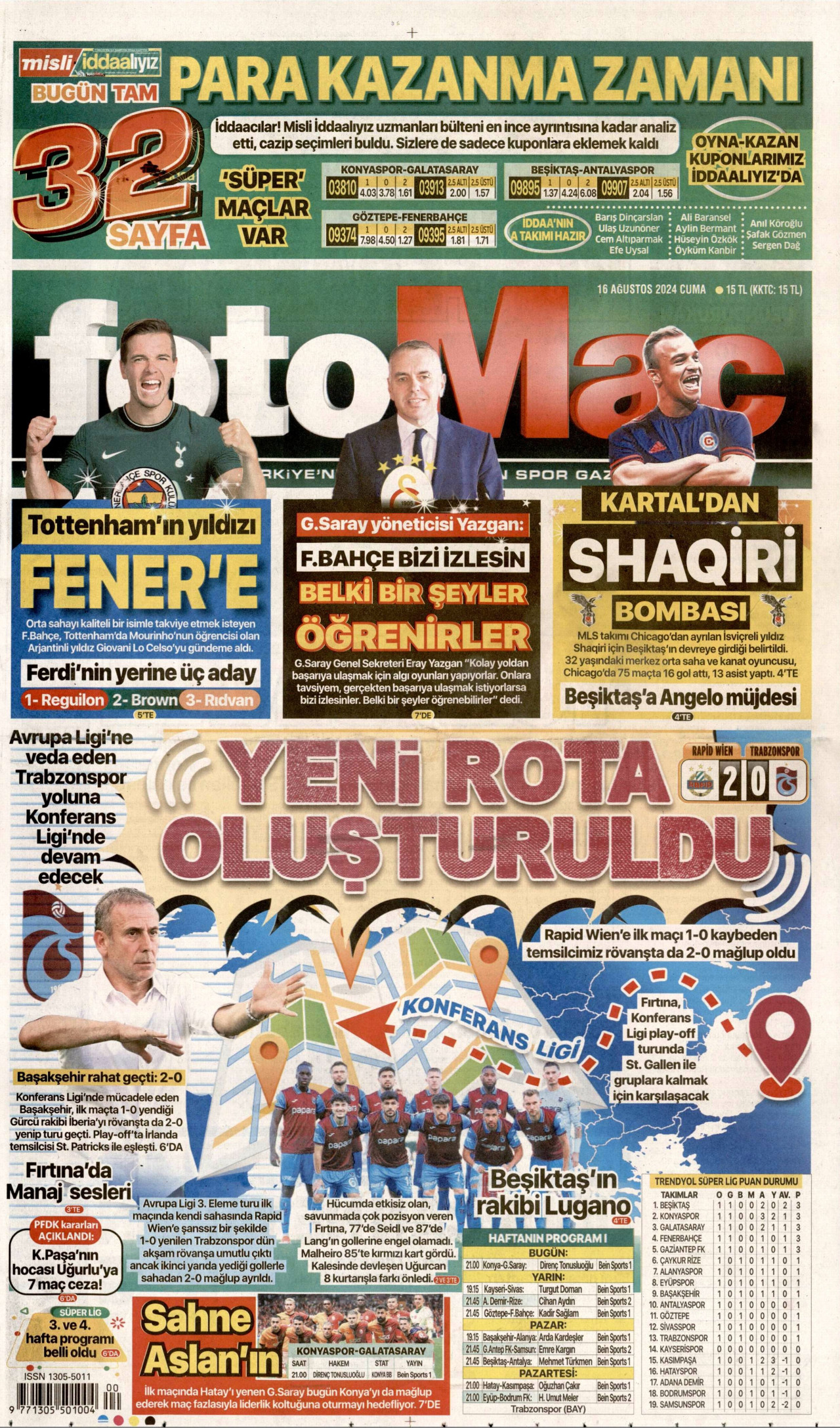 FOTOMAÇ gazetesinin 16 Ağustos 2024 tarihli birinci sayfası