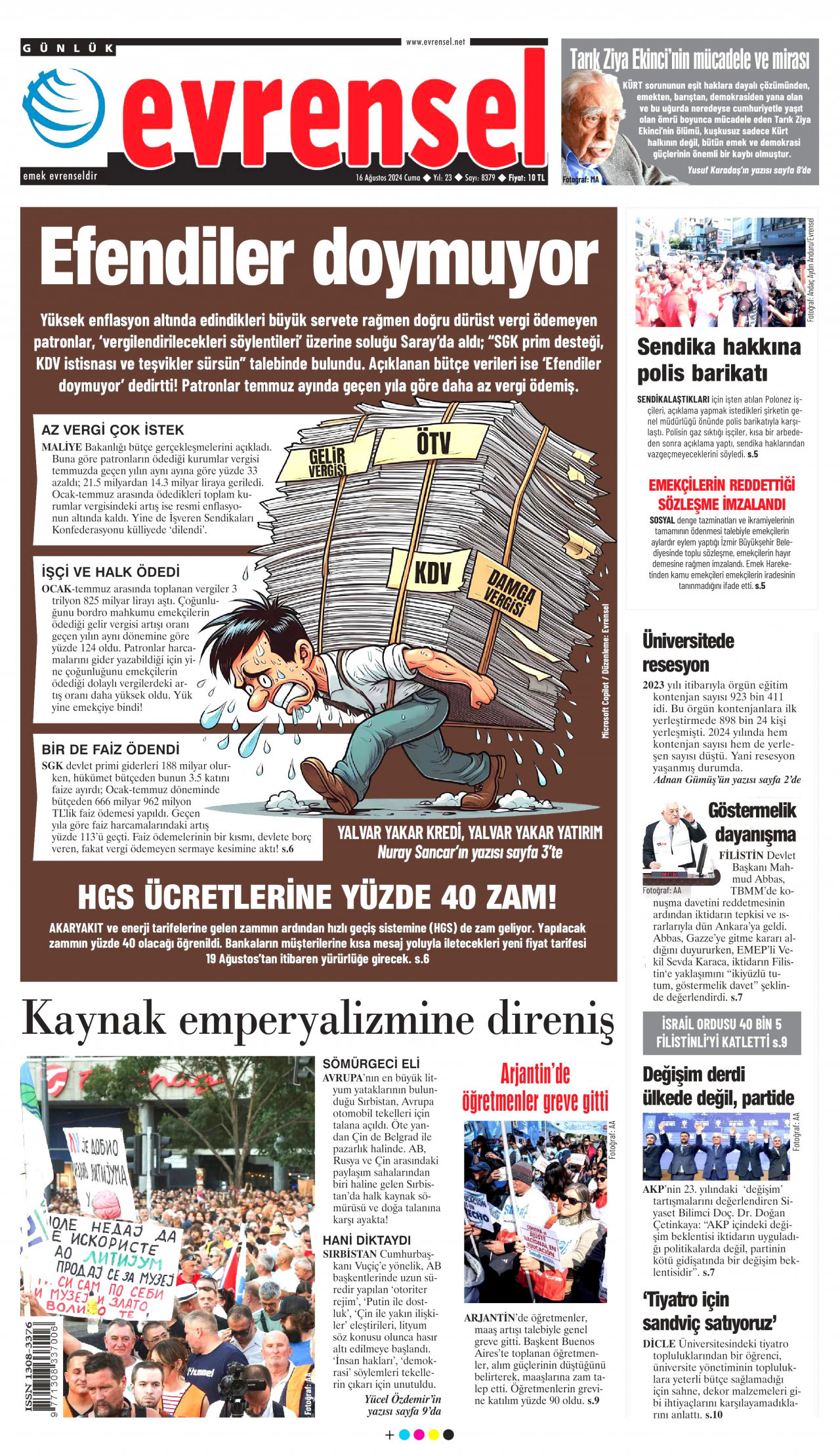 EVRENSEL gazetesinin 16 Ağustos 2024 tarihli birinci sayfası