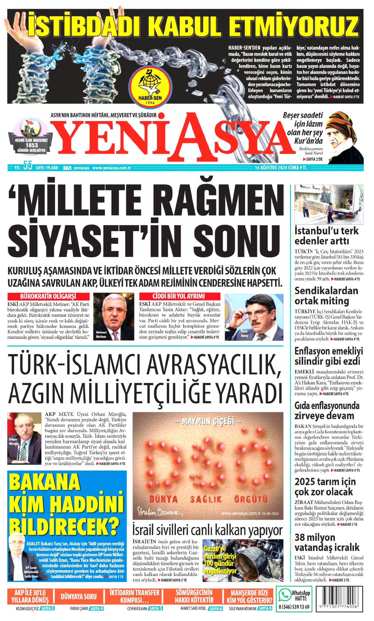 YENİ ASYA gazetesinin 16 Ağustos 2024 tarihli birinci sayfası